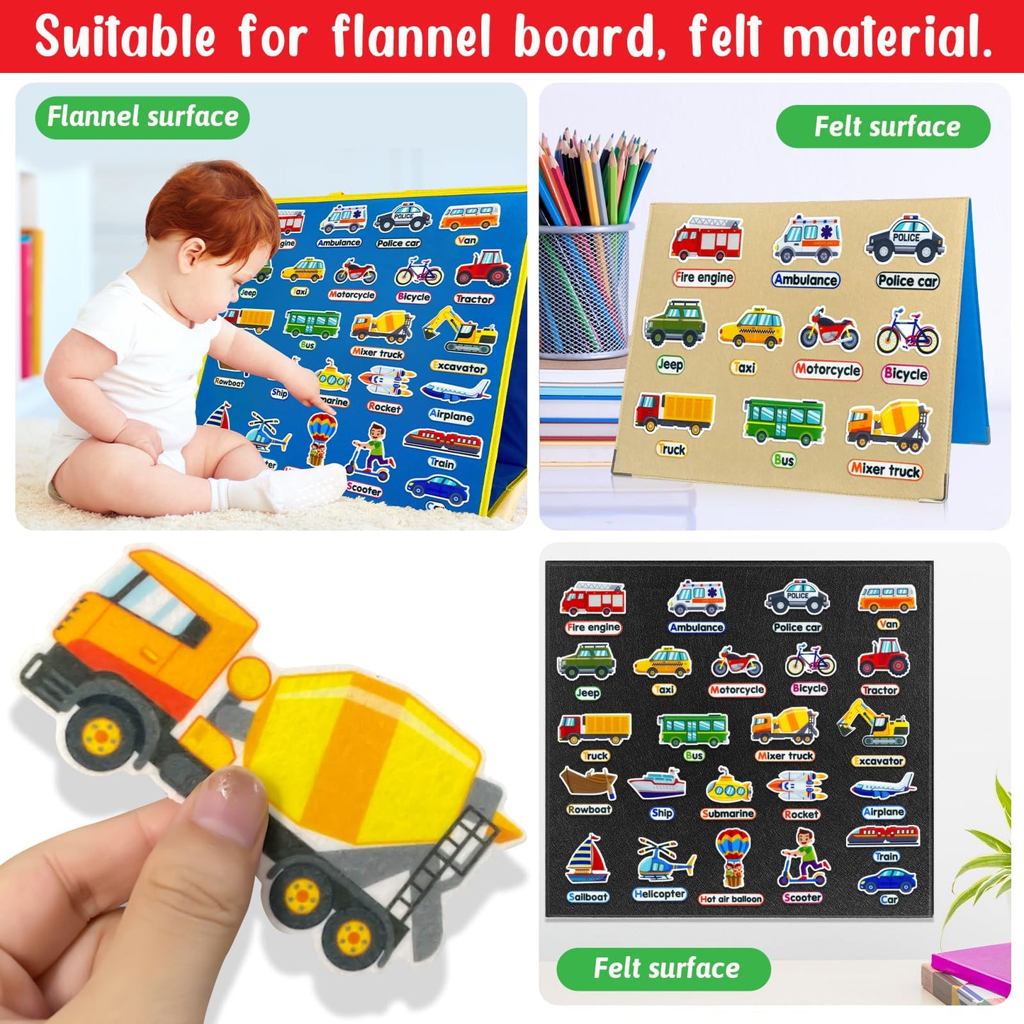 PENGFULL Felt Transportation Vehicles Learning Pieces,48 Felt Flannel Board Pieces,Air Land Sea Airplane Learning for Toddlers for Kindergarten,Preschool,Toddlers