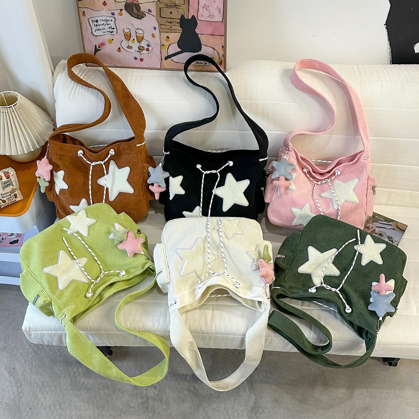 AFGWK Corduroy Star Tote Bag for Women Teens Y2K Aesthetic Hobo Crossbody Shoulder Messenger Bag for School(Pink)