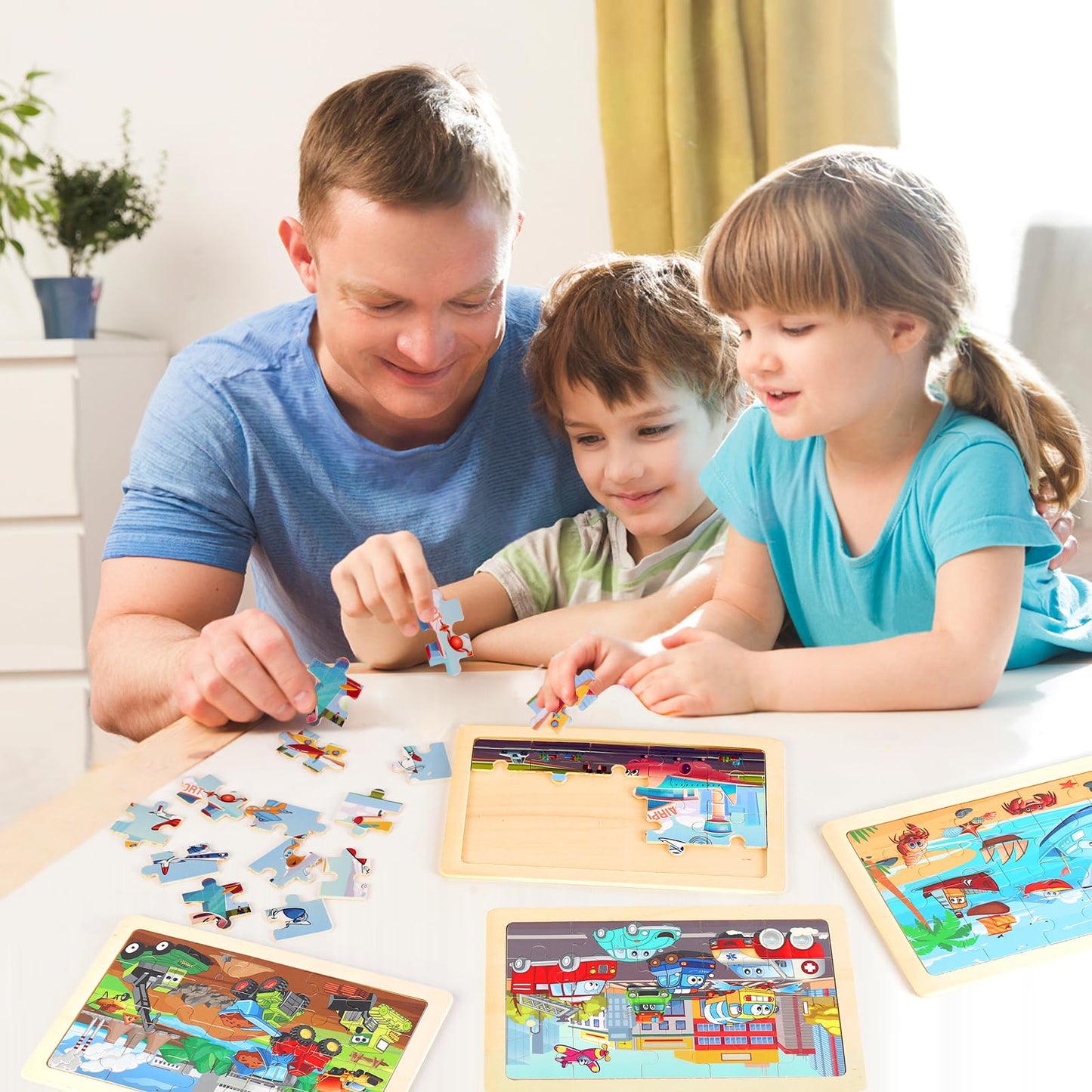 Wooden Educational Jigsaw Puzzles for Preschool Kids Ages 3-5, 4-Pack with 20 Pieces Transportation Wood Puzzles Set, Toddler Brain Teaser Toys, Preschool Gifts for Boys Girls Ages 3 4 5 6