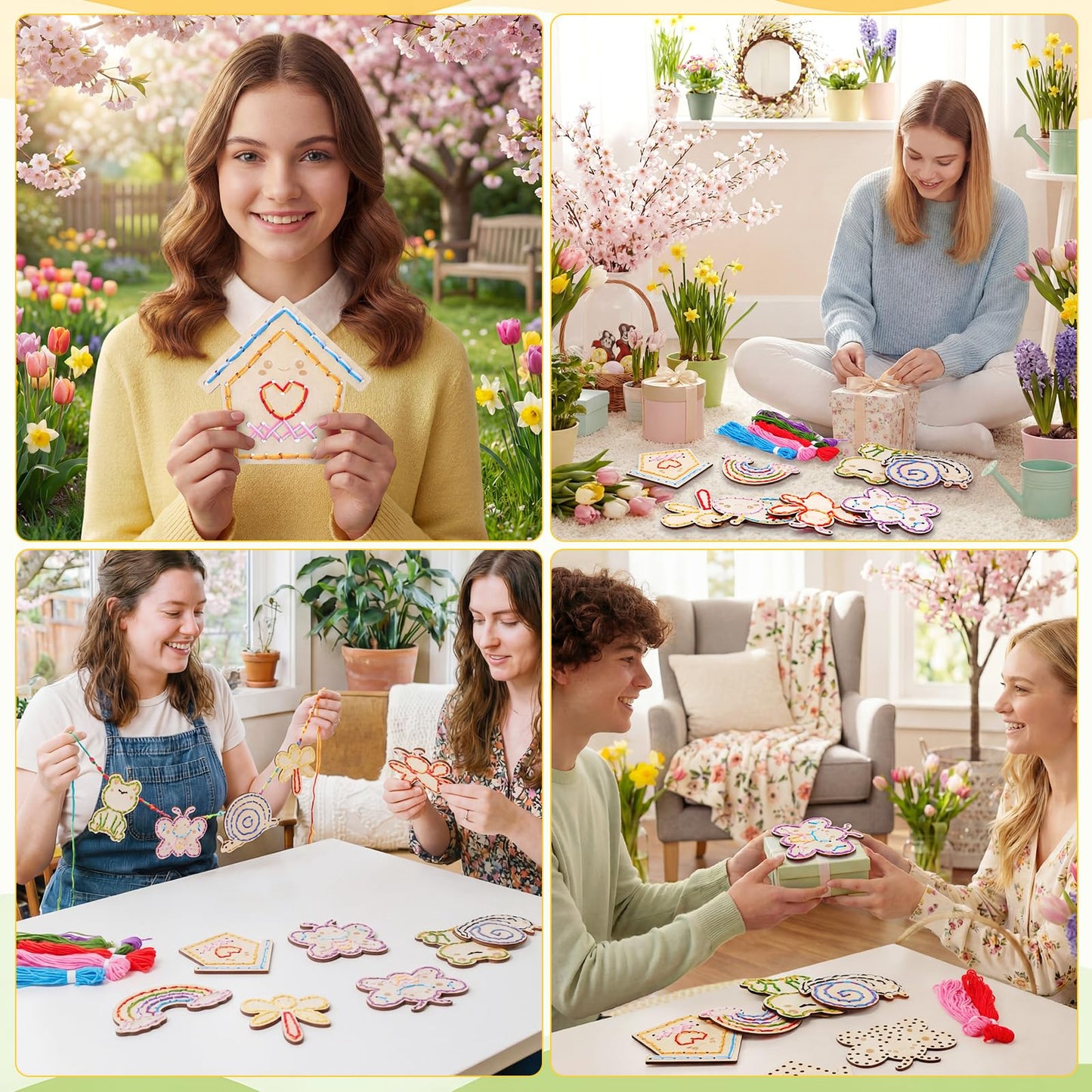 Capoda 18 Pcs Kids Lacing Cards Spring Educational Threading Toy for Kid Wooden Lacing Card Toys with Colorful Threads for Toddler Develop Imagination Early Education Learning Activity(Spring)