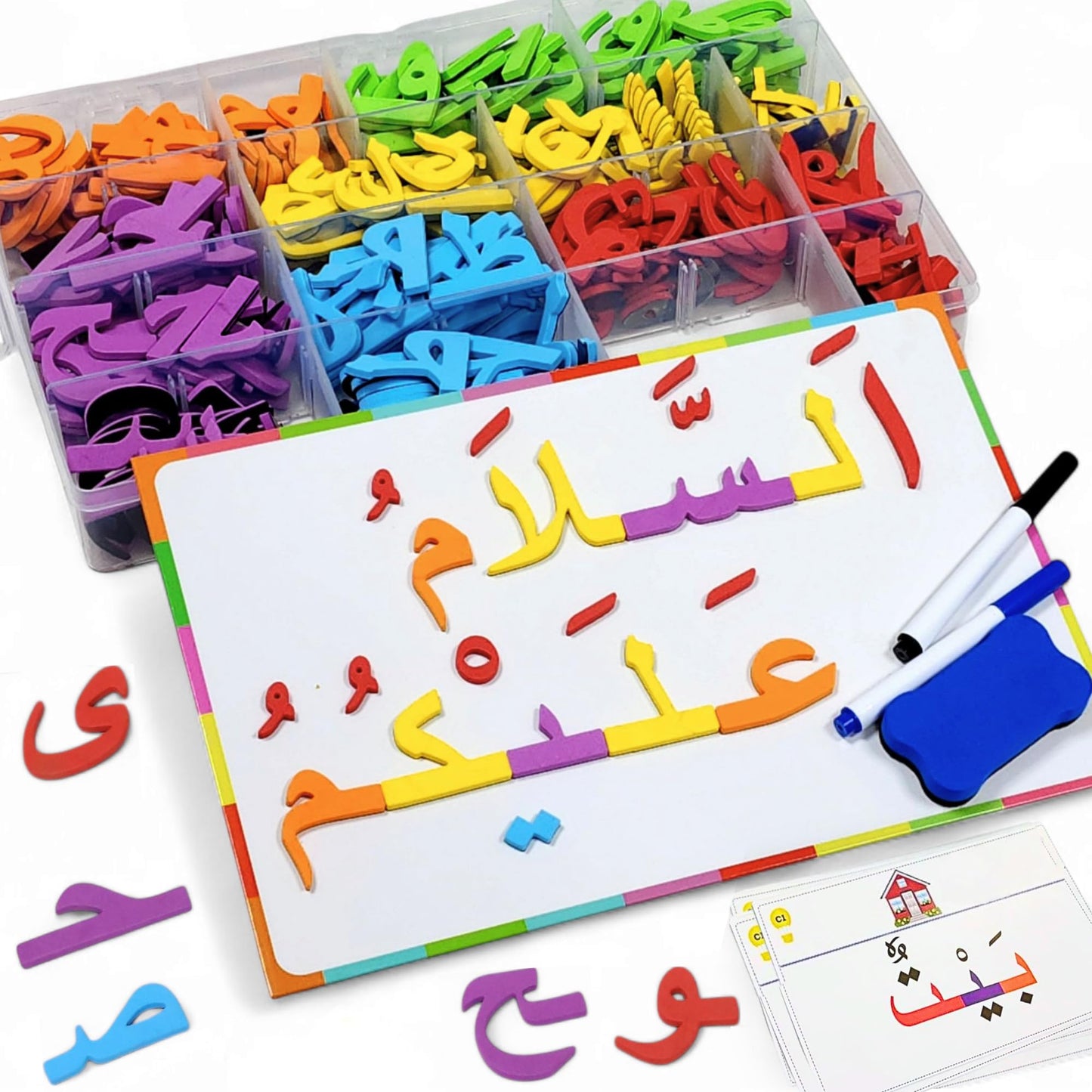 Arabic Magnetic Letters Kit – 378 Pcs Educational Alphabet Learning Set with Dry-Erase Board, Arabic Flash Cards, Markers & Eraser – Montessori Toy for Kids, Toddlers & Teachers
