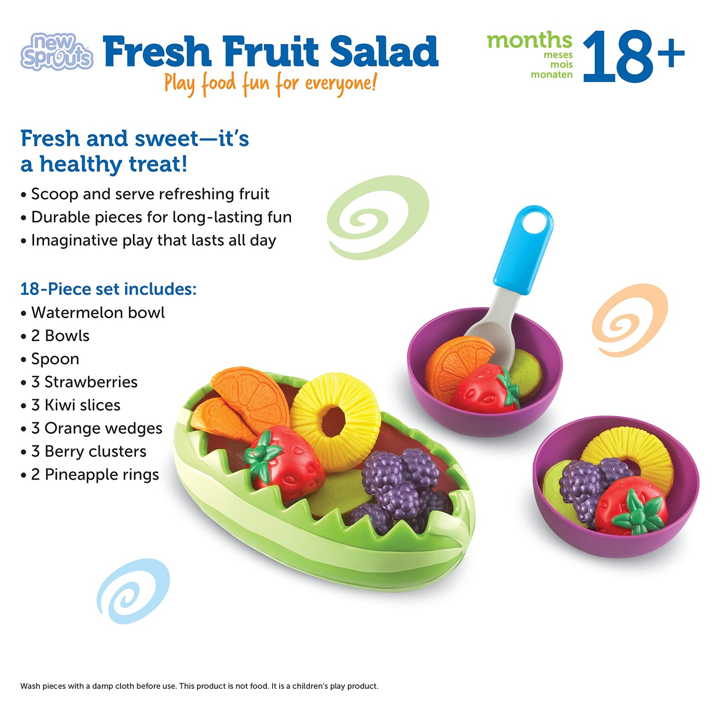 Learning Resources New Sprouts Fresh Fruit Salad - Realistic Play Food for Toddlers 1-3, Preschool Learning Toys, Toddler Pretend Play Food for Kids Kitchen Sets, Plastic Fruit Toys, Toy Foods