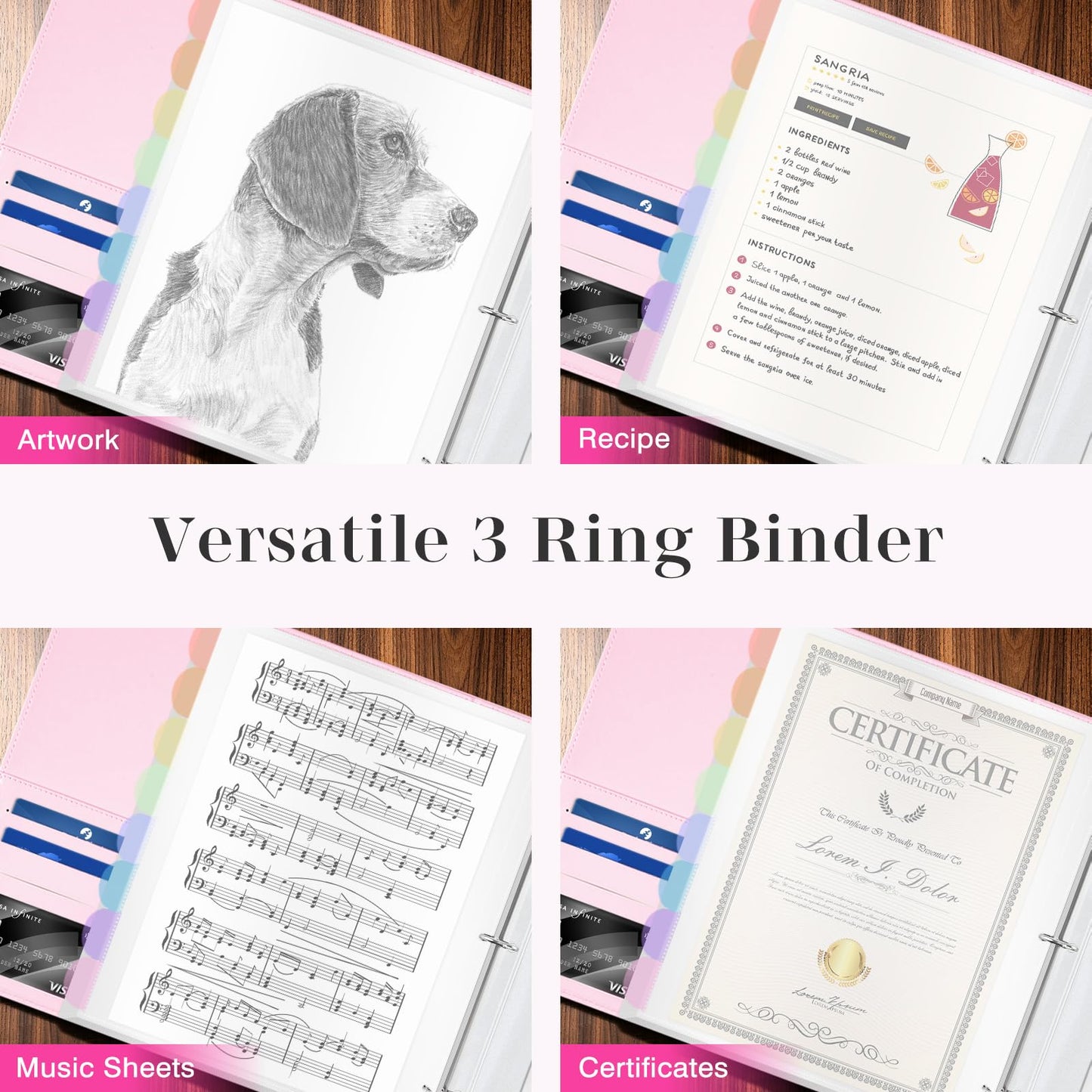 Ospelelf Leather Binder with 58 Plastic Sleeves, 3 Ring Presentation Binder for 8.5x11, Portfolio Organizer with 8 Tabbed Sleeves & Zipper Pocket for Documeents, Artwork, Certificates Pink