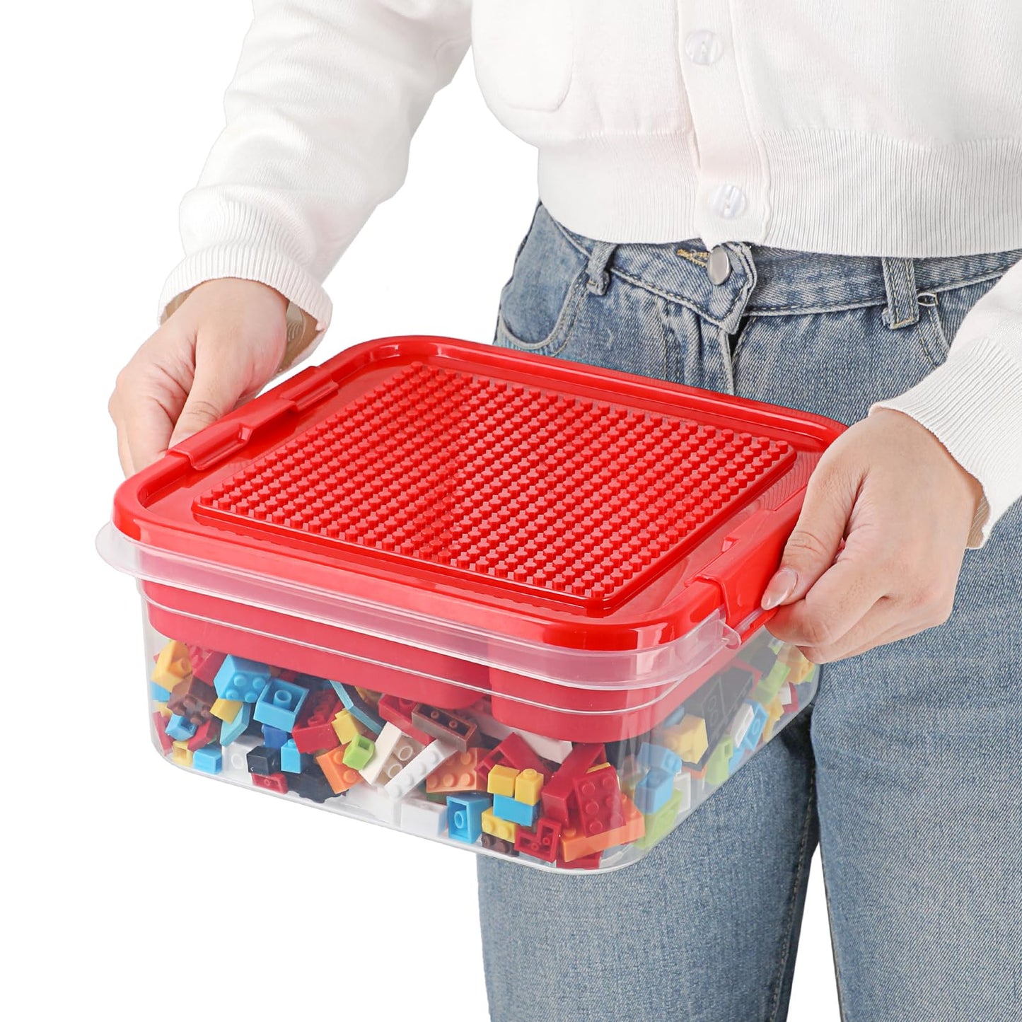 OGANAZI Plastic Storage Container with Bricks Baseplate Lid for Building Blocks, Bricks Building Set Organization Bin with Compartments Tray, Stackable Storage Box Building Block Chest Case (Red)