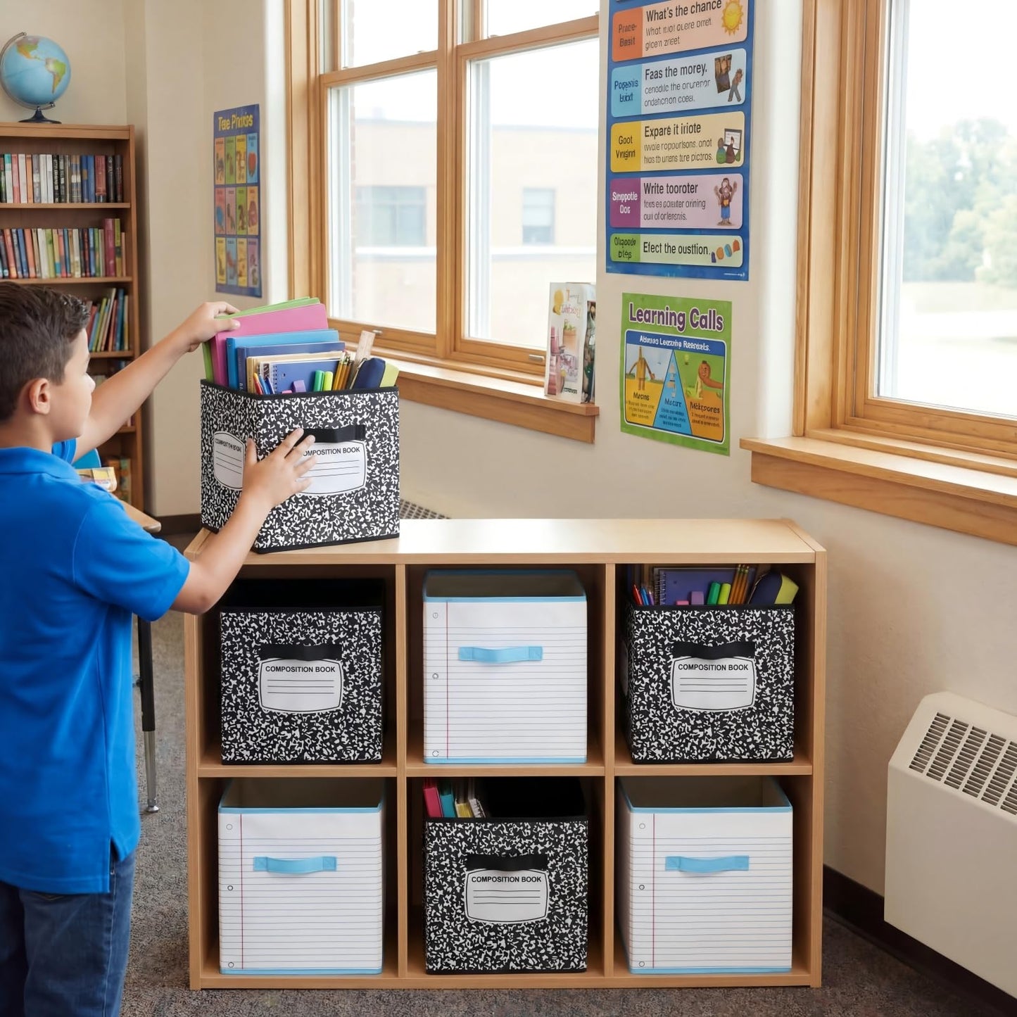 Briwooody 6 Pcs 11 Inch Composition Book Classroom Fabric Storage Bins Cube Classroom Must Have Cubby Basket Bin Notebook School Collapsible Storage Treasure Prize Box for Daycare Elementary Preschool