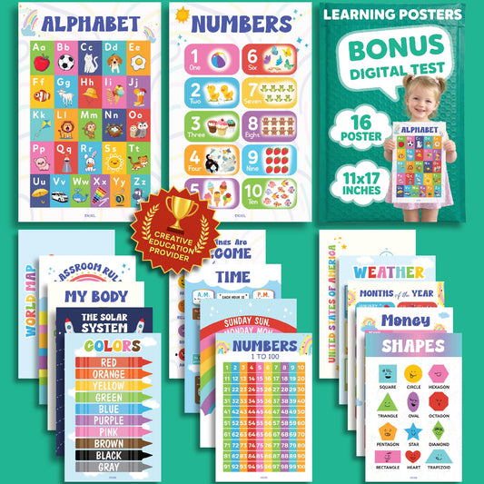 EXCOOL CLUB 16 Colorful Educational Posters For Toddlers 1-3, Toddler Learning Posters For Kids Ages 3-5, Kindergarten Classroom Must Haves, Laminated Abc Number Chart Prek Classroom Decor Preschool