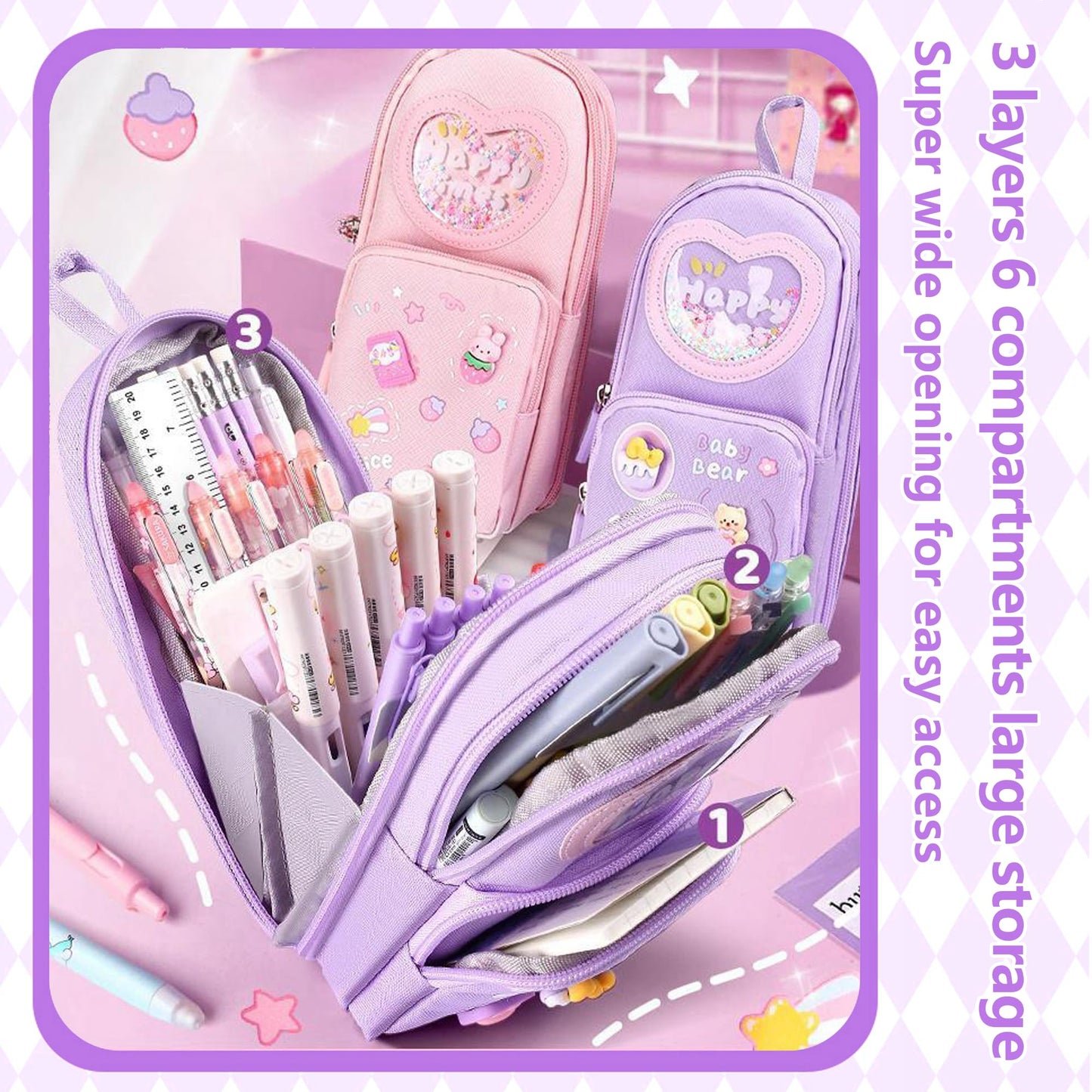 UINSUE Mini Backpack Pencil Case Art Marker Storage Canvas Makeup Pocket Small Gadget Bag Organizer Random Free of Highlighters (Bear Purple)