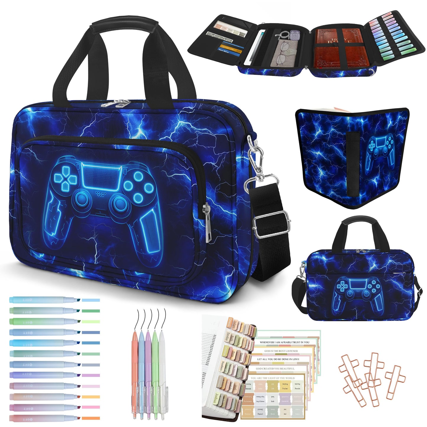 IBOVODI Kids Bible Cover Game Bible Case for Boys Large Carrying Book Case Church Bag Bible Protective with Handle and Zippered Pocket Study Supplies Accessories Men Christian Gifts,Lightning Game