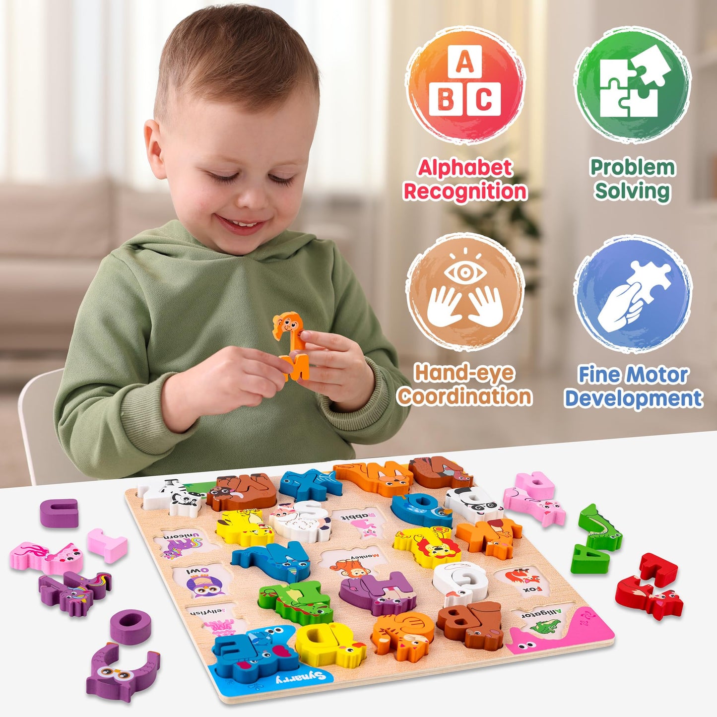 SYNARRY Wooden Alphabet Puzzle, 52 Pieces ABC Puzzles for Kids Ages 3-5, Alphabet ABC Letter Blocks Puzzles for Toddlers 3-5, Animals Letter Matching Preschool Learning Toys, Easter Gifts for Kids