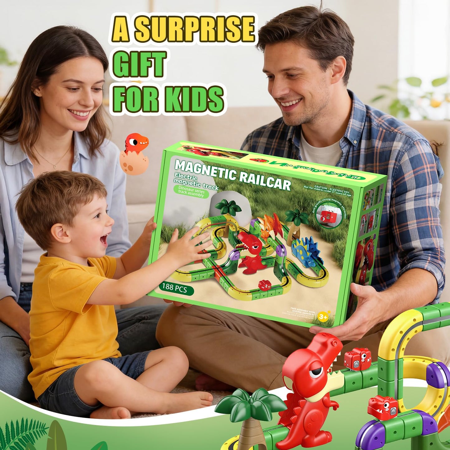 SnapGlowz Upgrade Magnetic Train Set: 188PCS 3D Infinity Racer Electric Train Set for Kids Flexible Cube Track Anti-Gravity Dinosaur Train Toys Gifts for 3 4 5 6 7 8-12 Year Old Boys Girls