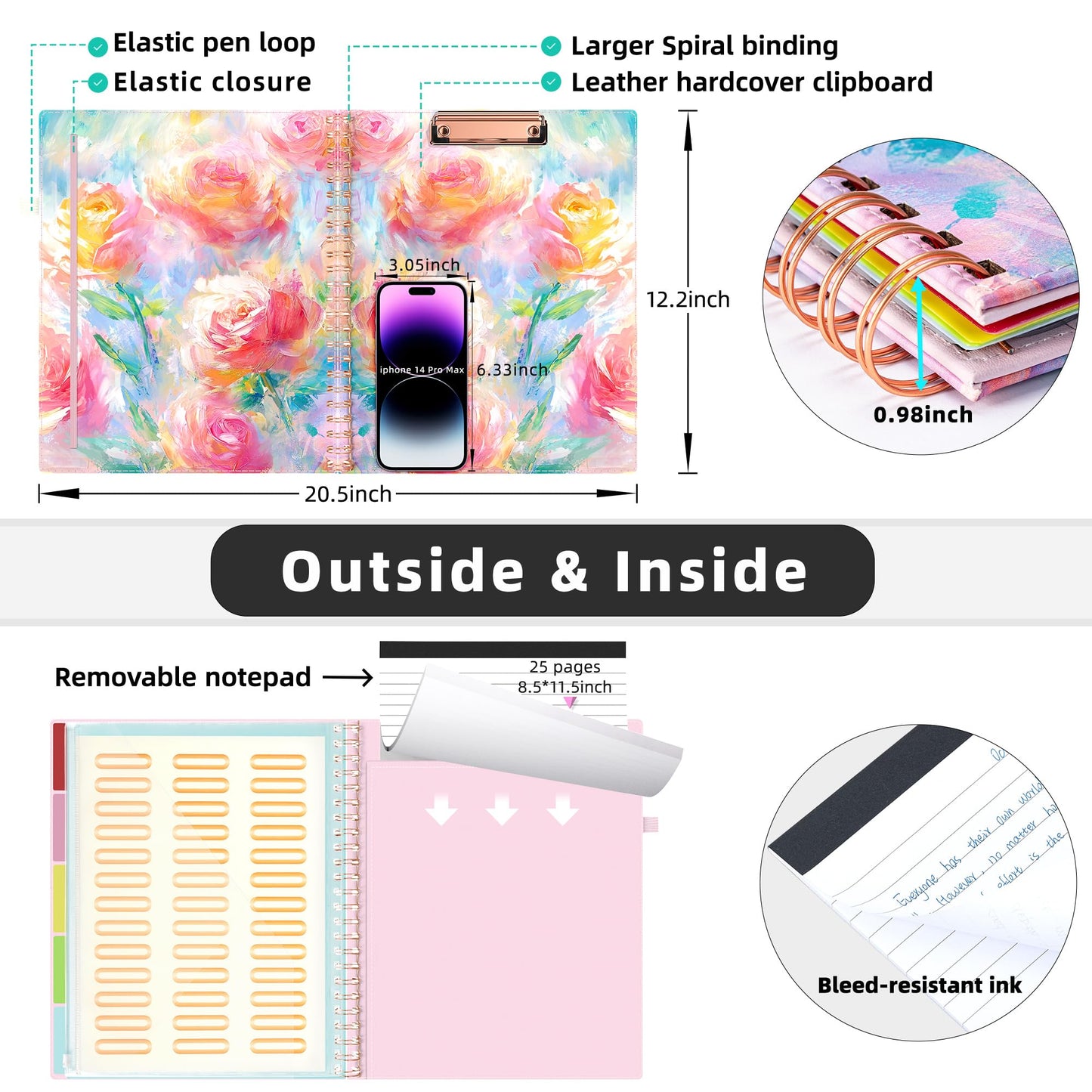 Ospelelf Pink Foldable Spiral Clipboard Folio with with Storage Zipper Pouch, 5 Plastic Folders with 10 Pockets, Leather Clipboard Folder with Notepad, 39 Divider Label Stickers (Rose)