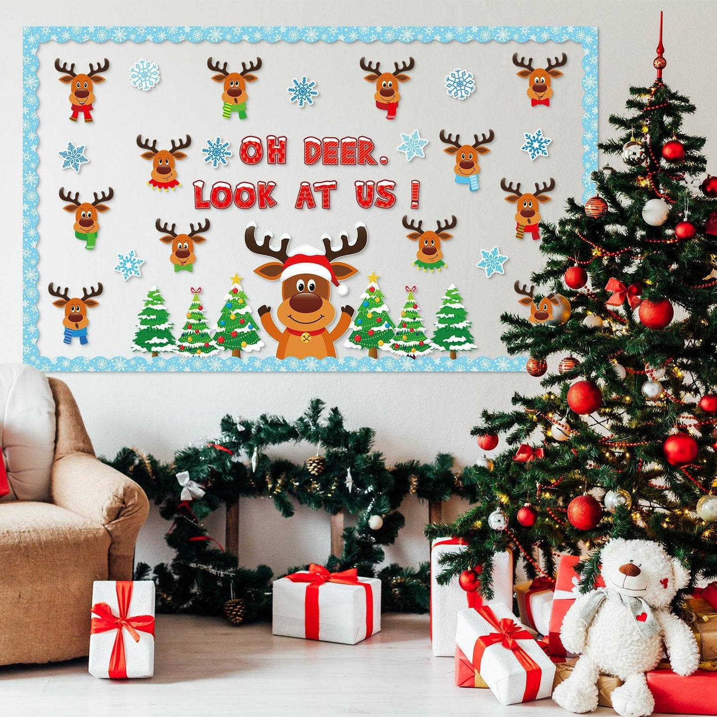 Christmas Bulletin Board Decorations Set Christmas Classroom Decoration Oh Deer Look At Us Bulletin Board Decor Elk Snowflakes Cutouts For Winter Holiday Party Classroom School Home Wall Decor