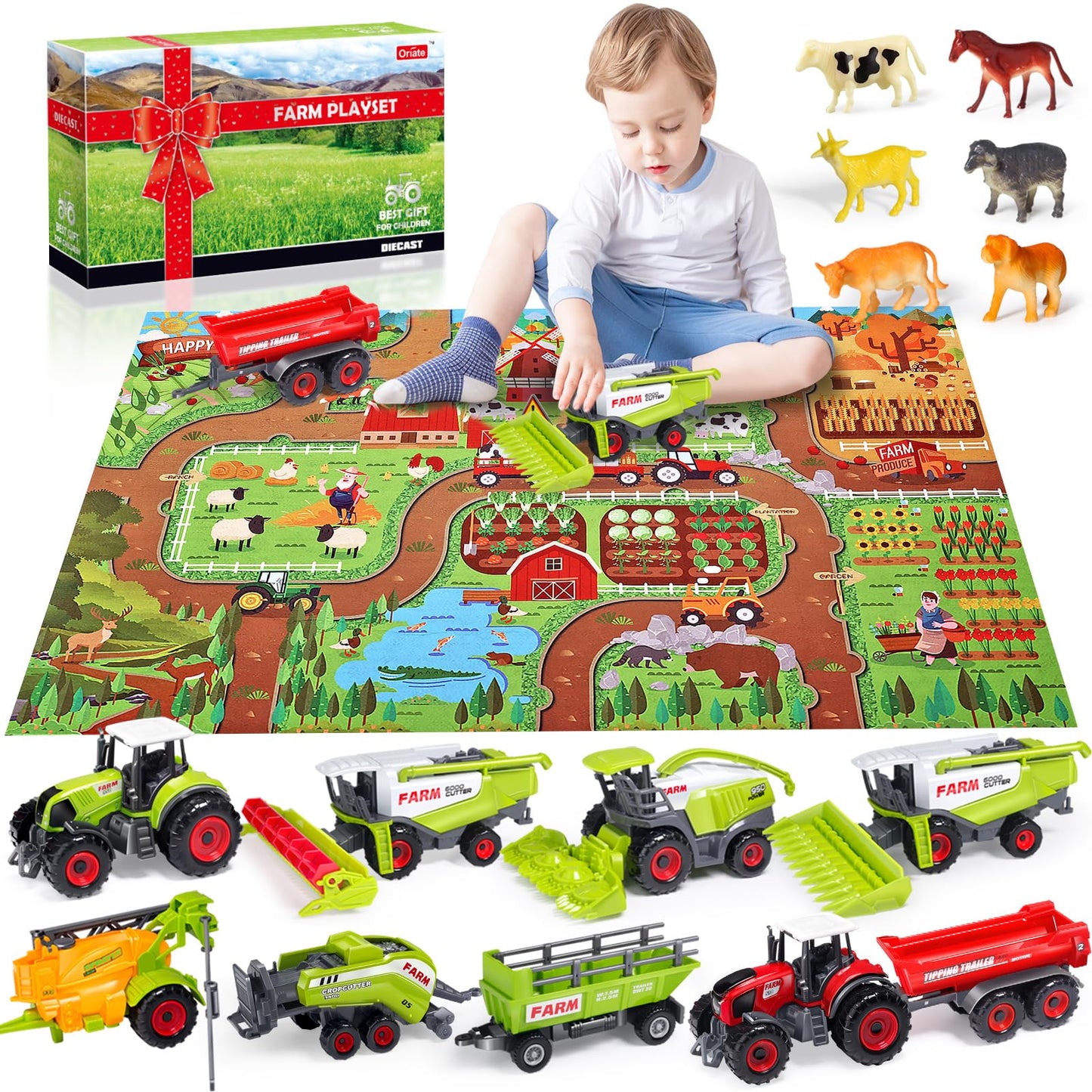Oriate Farm Tractor Set 34 Piece Die Cast Vehicle Value Playset, Large Size 4.8" Tractors Toy Kids Birthday Gift, Farm Play Mat Tractors Animals Trailer Toys, Farm Equipment Accessories