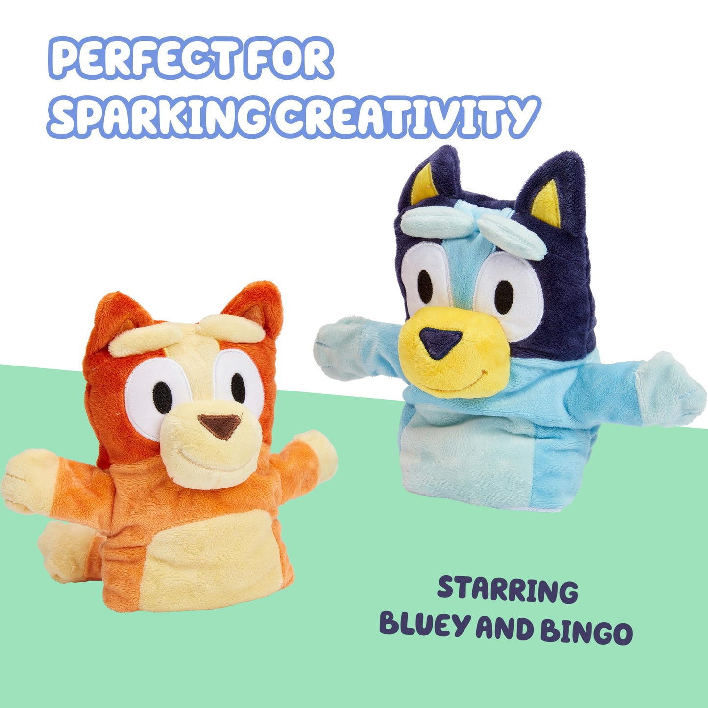 Bluey Wooden Puppet Theater for Kids Playset, 20" Kids Pretend Stage Puppets, Interchangeable Fabric Backdrops & Roll-Down Curtain