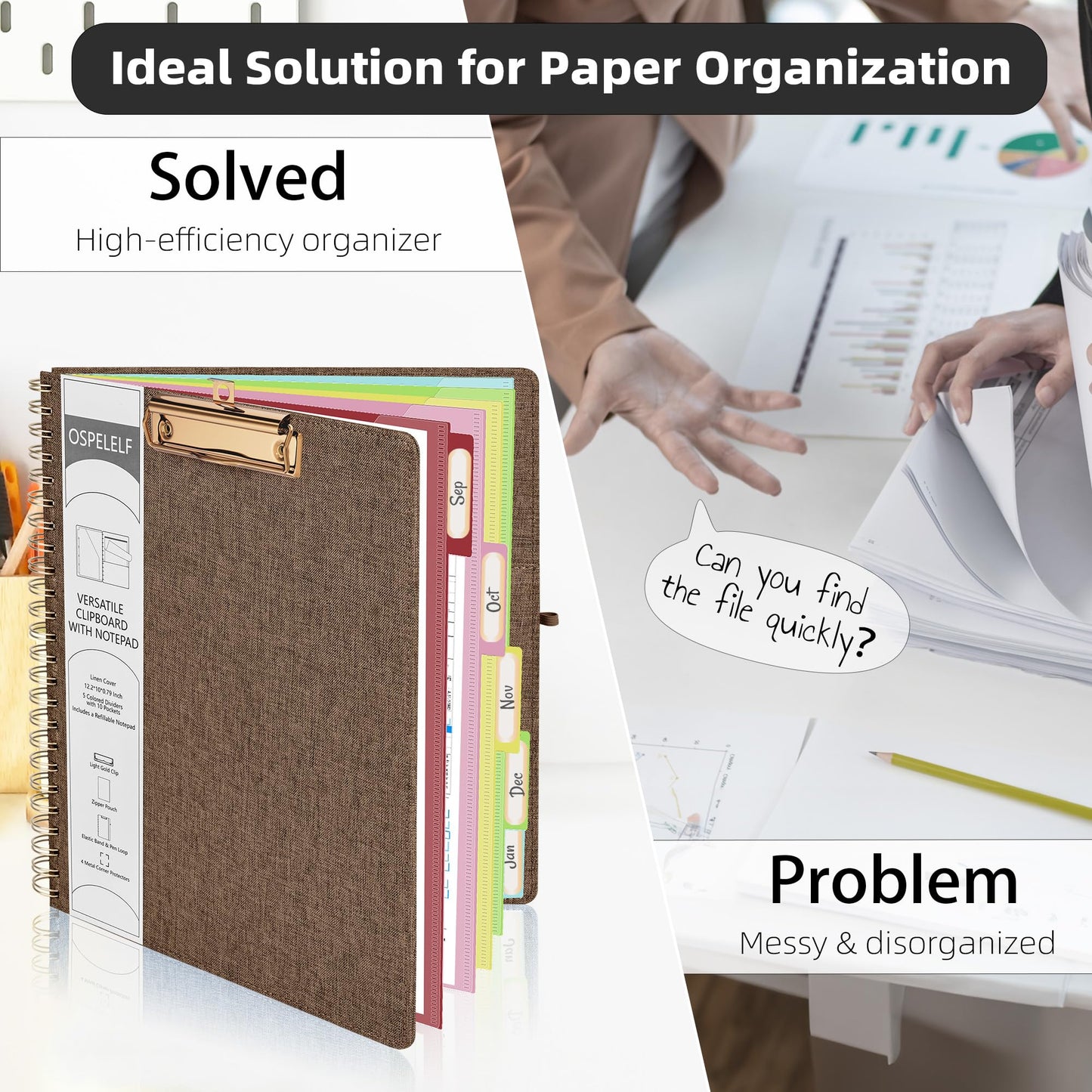Ospelelf Brown Foldable Spiral Clipboard Folio with Storage Zipper Pouch, 5 Plastic Folders with 10 Pockets, Refillable Lined Notepad (11" x 8.5"), Linen Hardcover Project Organizer