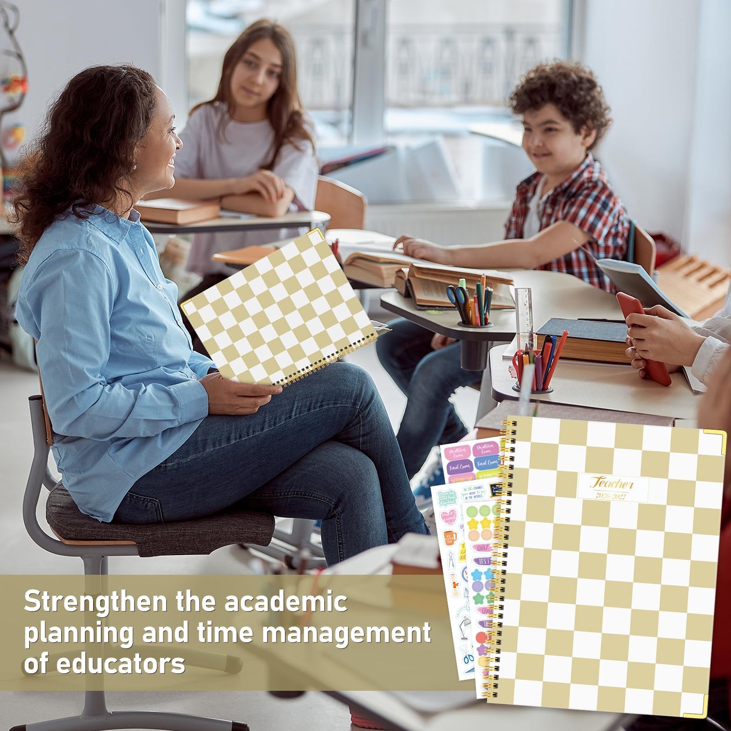 Teacher Planner 2026-2027, Jul 2026-Jun 2027 Academic Year, 8.5" x 11" Lesson Planner Book for Teacher Calendar, Spiral Bound Planners, Planning Stickers, Colorful Monthly Tabs, YellowCheckered