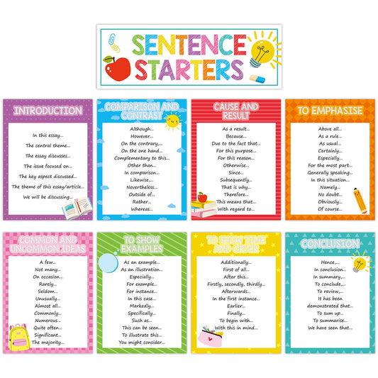 Dunzoom 9 Pieces Sentence Starters Posters Descriptive Vocabulary Classroom Educational Posters English Grammar Chart Bulletin Board Decoration for Middle High School Classroom(Colorful Style)
