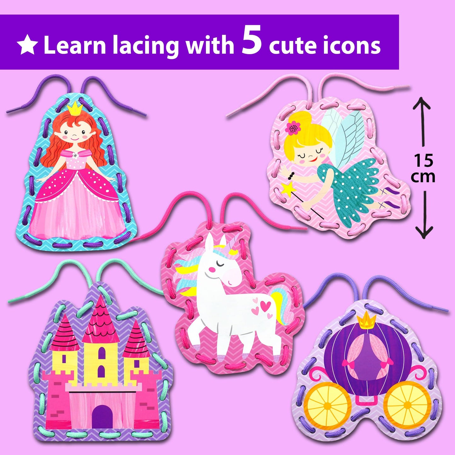 KRAFUN My First Lacing Cards Kit for Toddlers & Girls Age 3+, 5 Princess Unicorn Arts & Crafts Projects, Fine Motor Skills Toys, Beginner Activity Set with Princess Unicorn Castle Fairy Crown