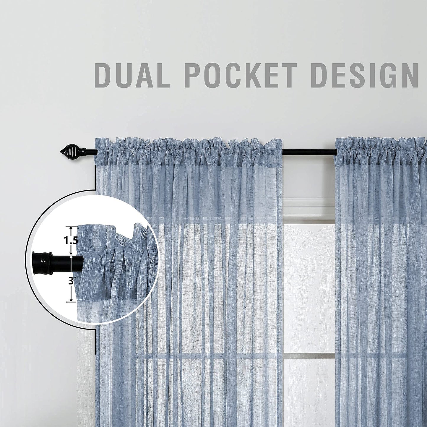 KOUFALL Dusty Blue Sheer Curtains 84 Inches Long,Semi Filtering Stone Light Blue Linen Look Curtains for Living Room Bedroom,Slate Grey Blue
