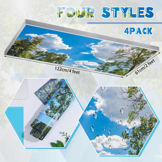 Amylove 4 Pcs Fluorescent Light Covers Classroom Ceiling Panels Light Filters with Backlit Film Material for Office School, 4 x 2 Feet(Charming Color,Blue Sky, Leaves)