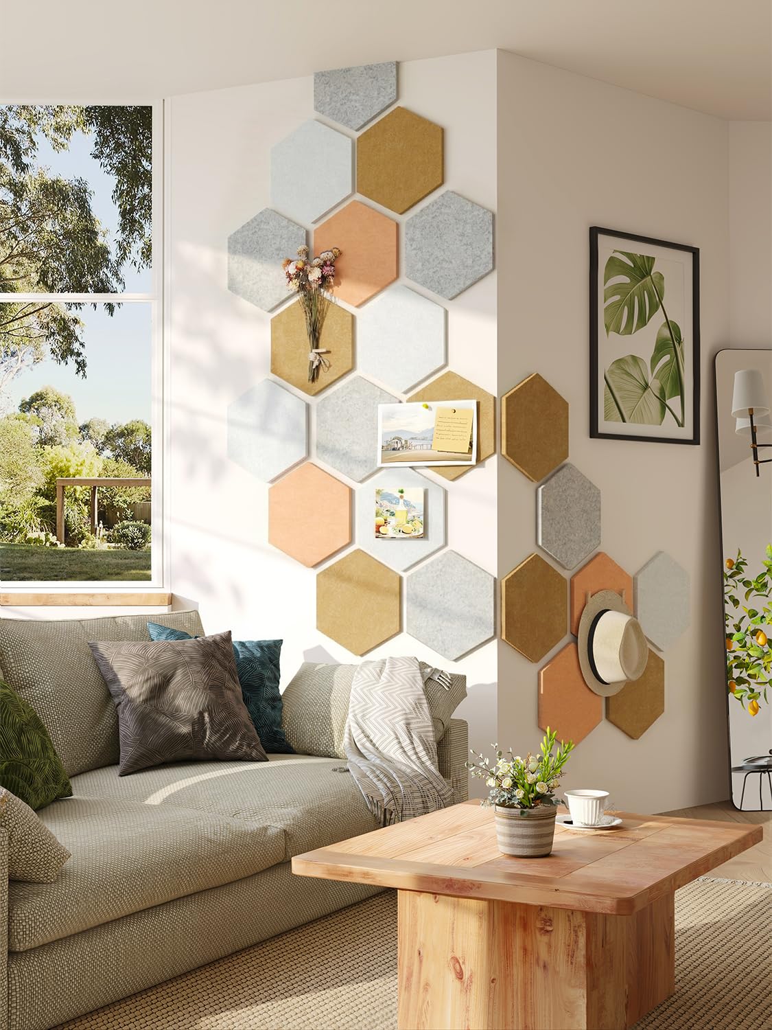 Uoisaiko 8 Pack Hexagon Felt Bulletin Board Tiles - 12" Large Thick Pin Board for Walls with 30 Push Pins, DIY Boards for Office Home School Decor, Aesthetic Hex Cork Board Alternative