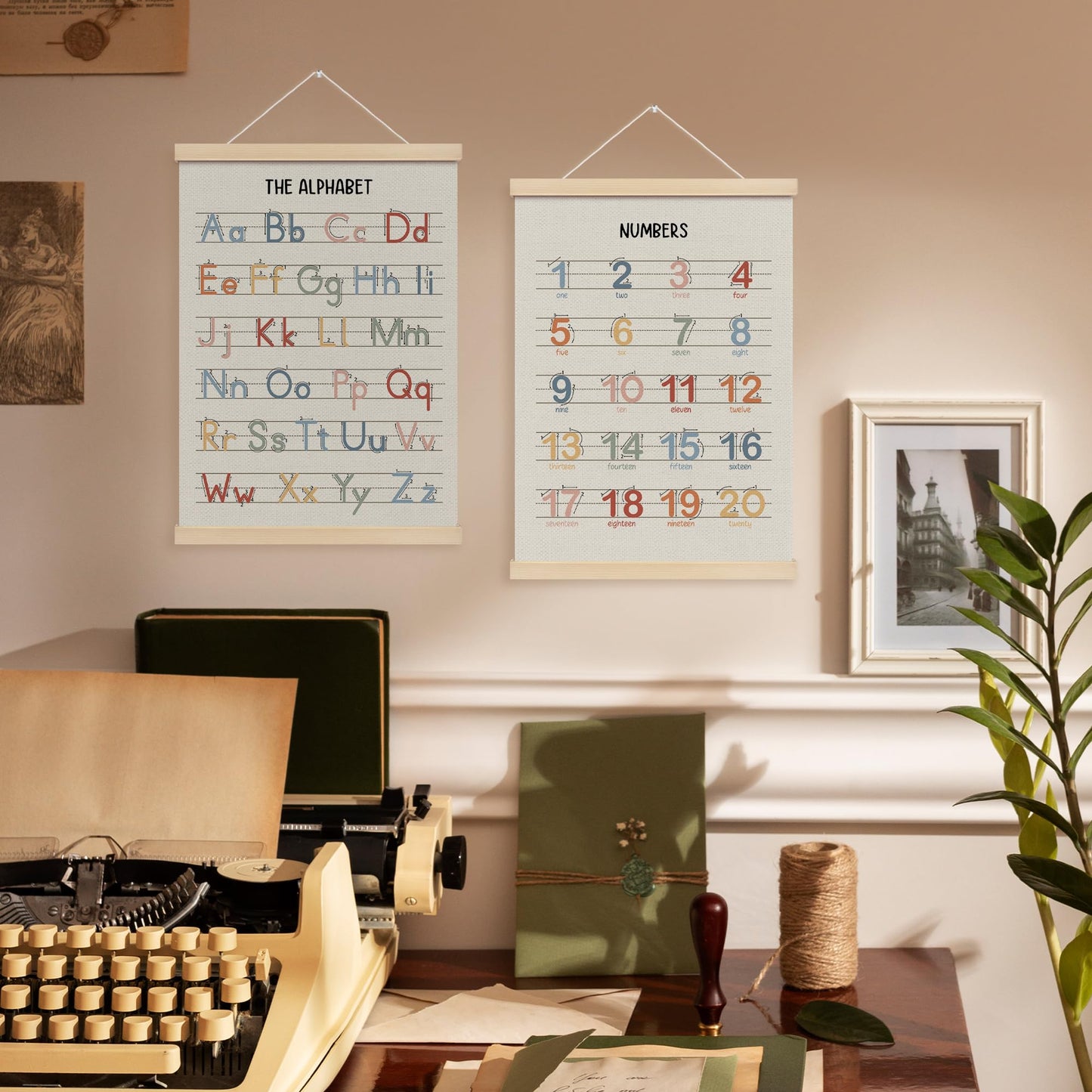 MOTERMATE Boho Alphabet Numbers Poster Hanger Frame, Alphabet Numbers Educational Wall Hanging Decor Art Framed for Kids Nursery Room Classroom, Nursery Wall Poster Prints, 12x16 Inch Set of 2