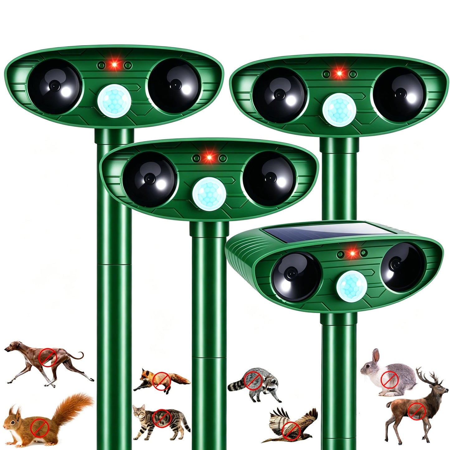 4Pack Upgraded Sonic Fortress Pro Deer Repellent Devices Solar Animal Repellent Ultrasonic Outdoor with Motion Activated for Squirrel Raccoon Rabbit Fox Cat Deterrent for Garden Yard Lawn Protection