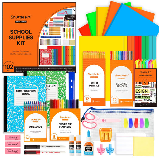 Shuttle Art 102 PCS Back to School Supplies Kit, School Supply Box for Grades K-5, School Supplies for Kids and Students, Including Pencils, Pens, Markers, Erasers, Notebooks, Folders and More
