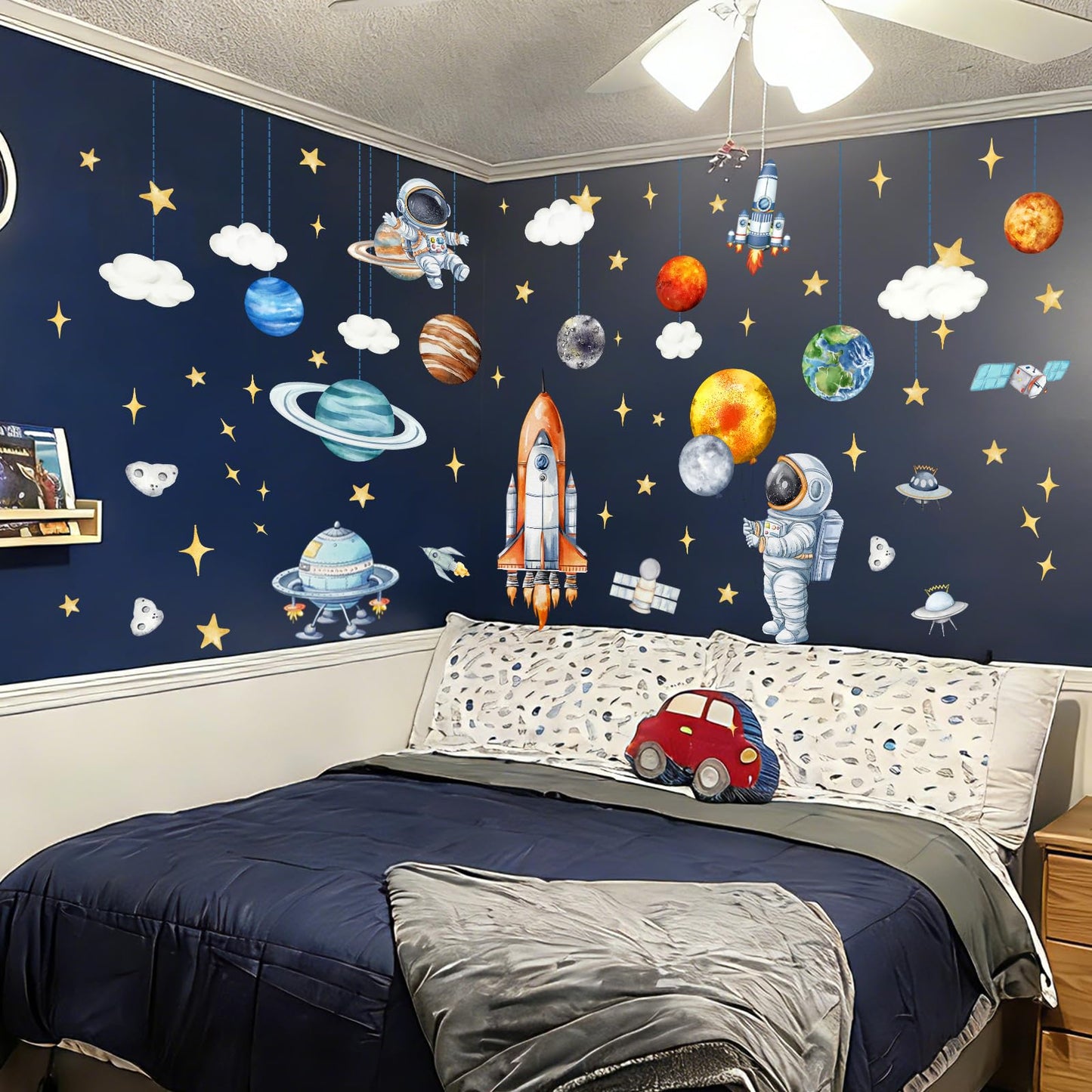 Space Astronaut and Planet Wall Stickers 3 Sheets Watercolor Galaxy with Rocket Decals Self-Adhesive Peel and Stick for Kids Room Nursery