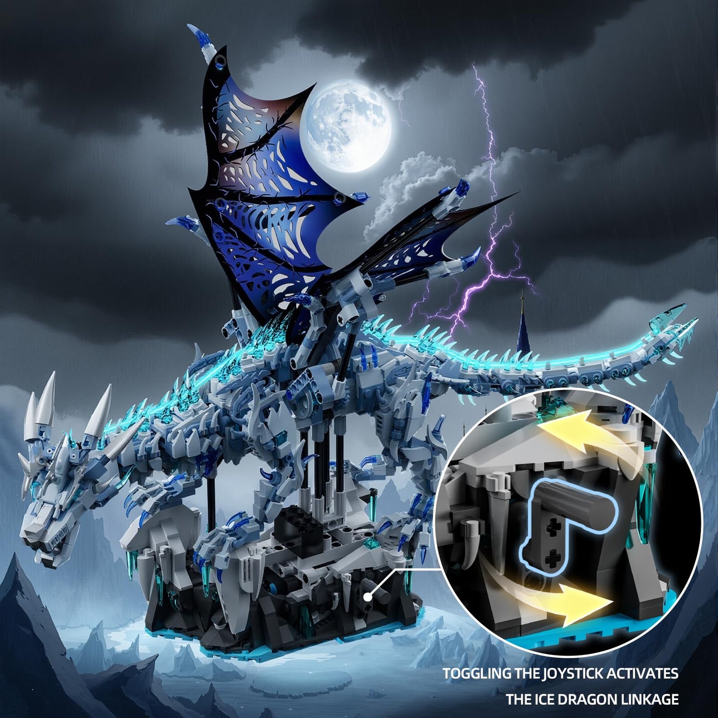 Myth Qholve Mechanical Dark Ice Dragon Building Block Set with Motor & Hand Crank Motion Movable Head, Wings & Limbs Fantasy Dragon Model Kit for Teens & Adults