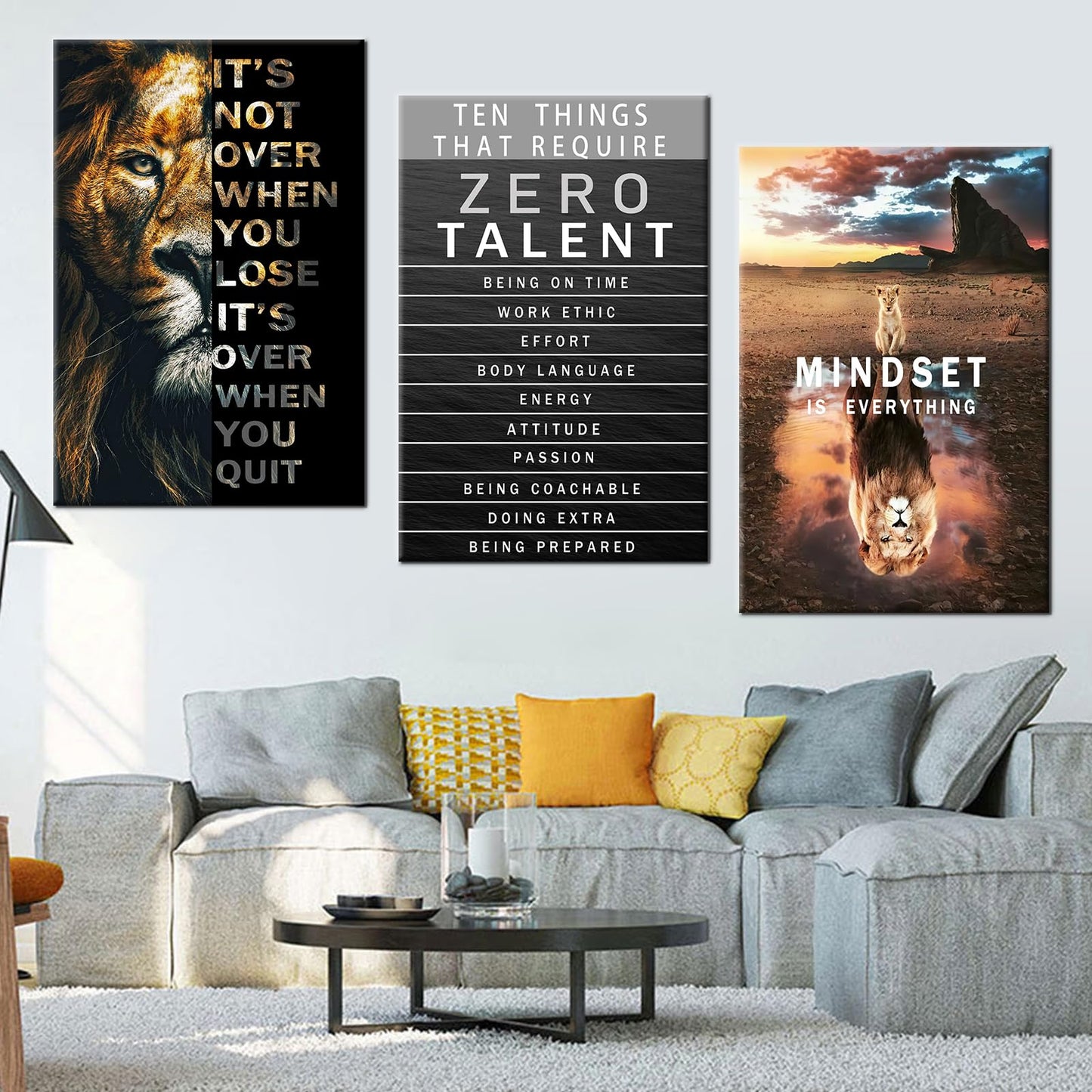 Motivational Canvas Wall Art Lion Inspirational Quote Wall Decor Zero Talent Poster Animal Picture Print Painting Modern Inspiring 3 Panels Artwork for Living Room Office Home Decor [72''Wx 36''H]