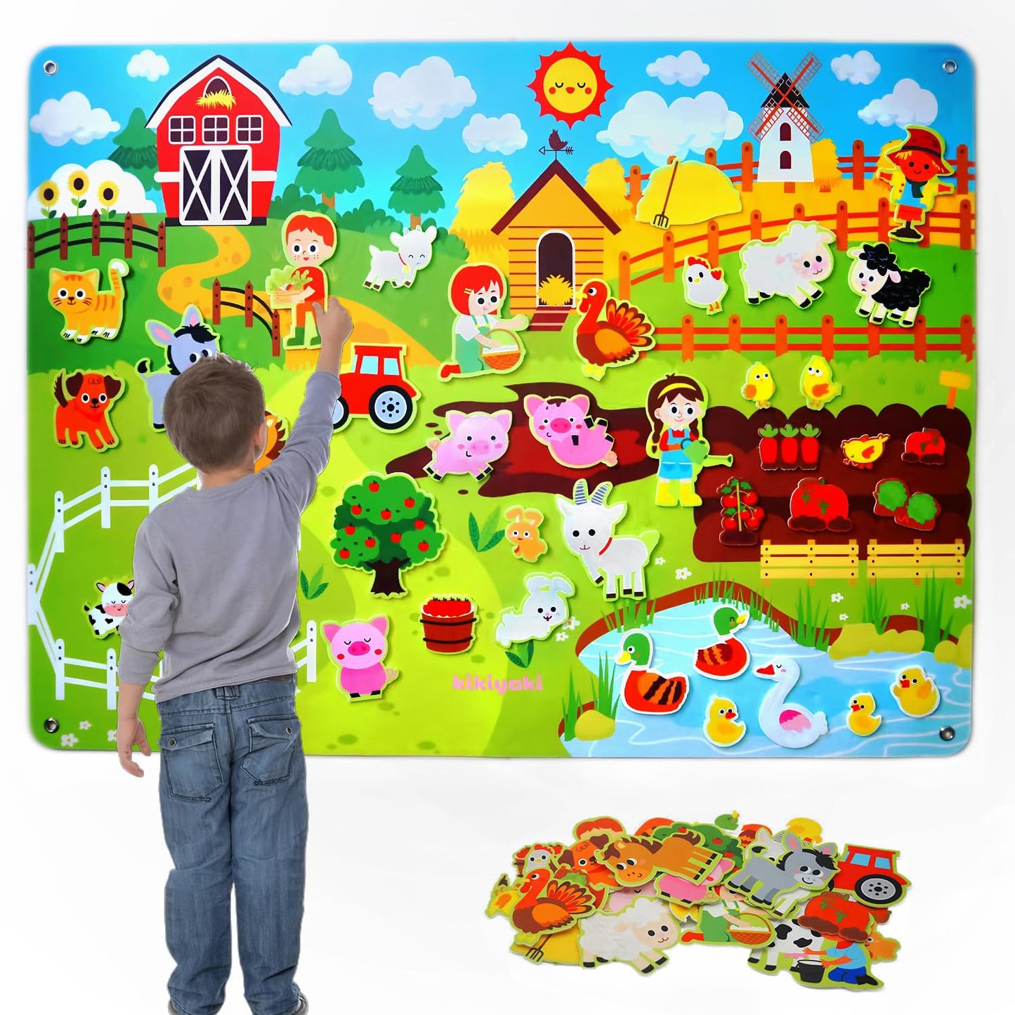 Kikiyaki Felt Board for Toddlers Play Farm Animals Story Sets, Large Wall Activity Busy Board for Kids, Montessori Toys, Barnyard Theme Interactive Sensory Toys, Preschool Learning Play Kit, Classroom