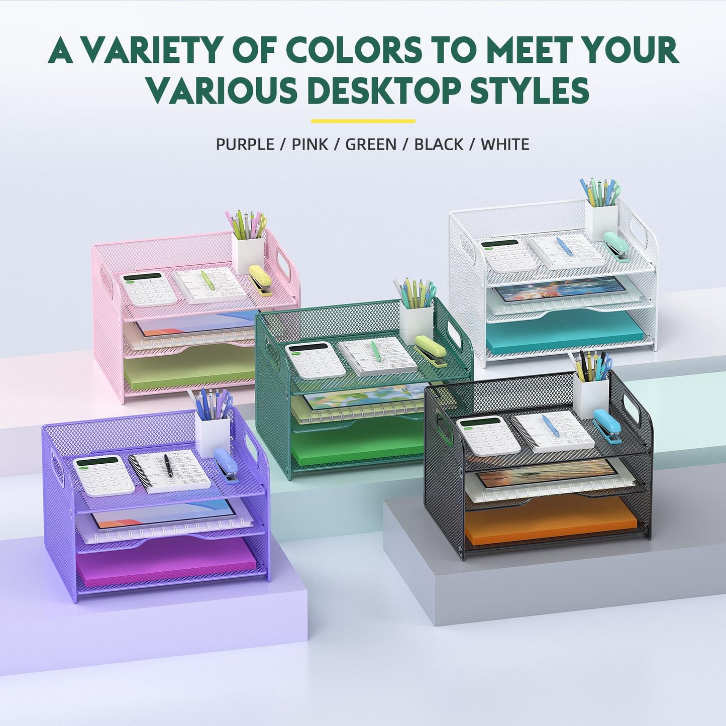 Samstar 3 Tier Green Letter Tray Paper Organizer with Handle, Mesh Desk Organizer Paper Sorter File Rack Shelves, Green