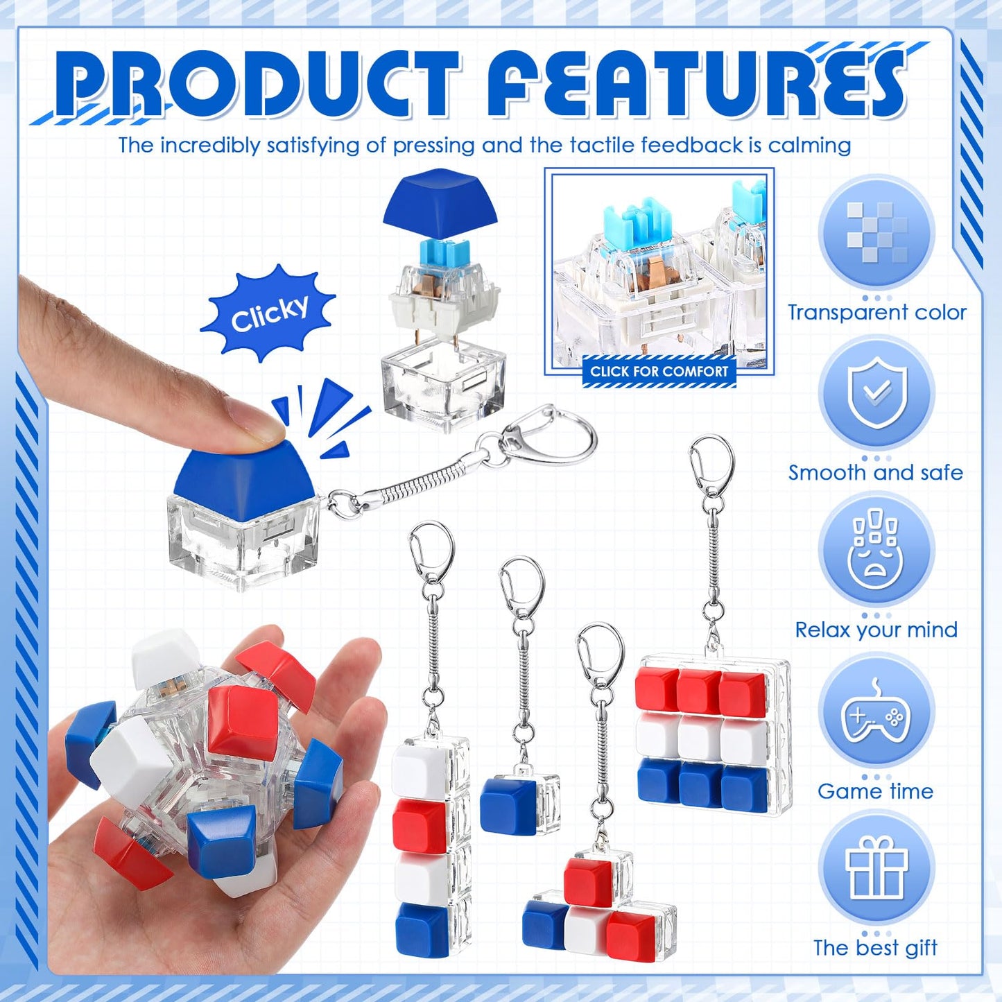 Halloscume 5 Pcs 4th of July Keyboard Fidget Clicker Keychain in 5 Styles Red White Blue Cube Mechanical Key Button Clicker Stress Relief Gift for Memorial Day 250th Anniversary Office Home