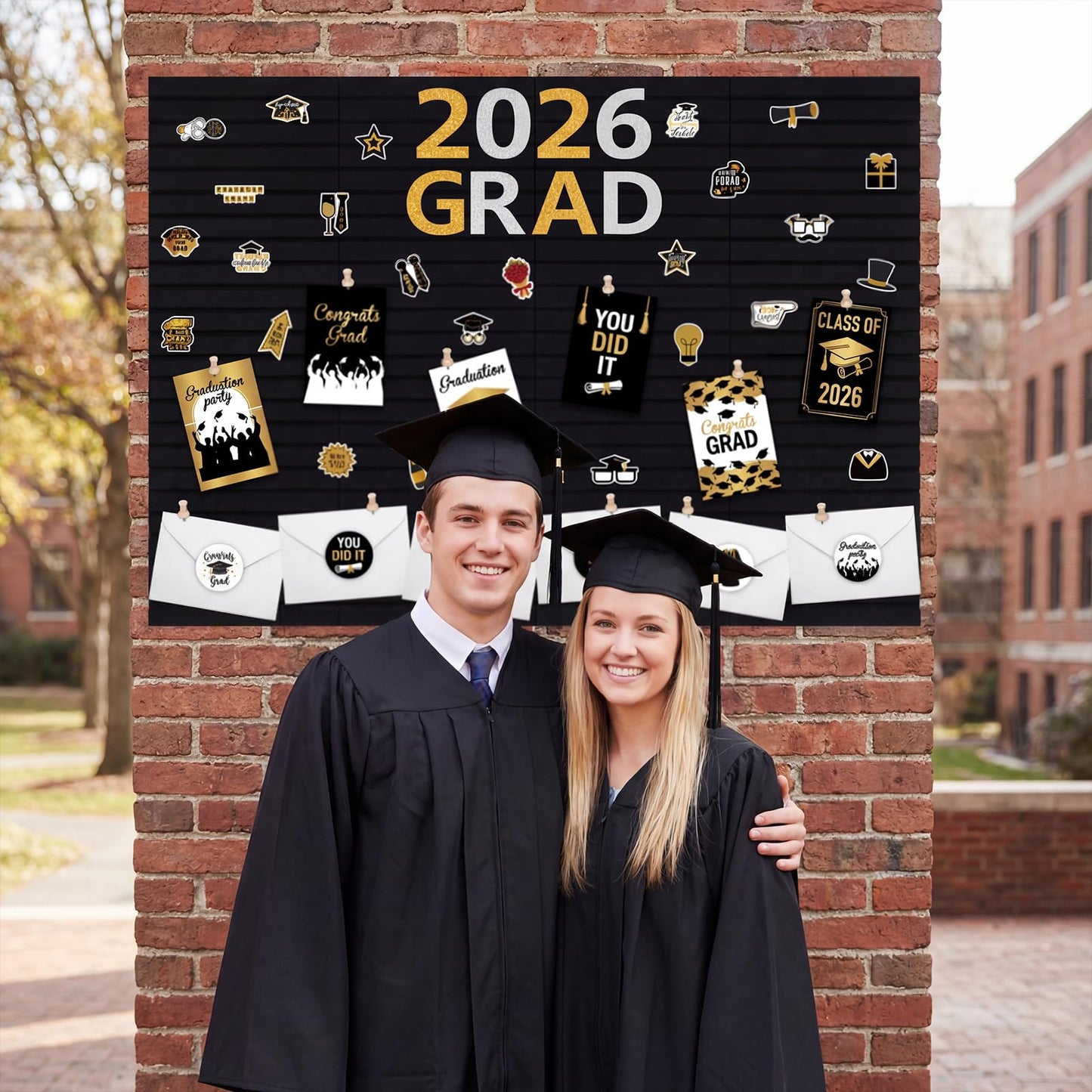 Nuanchu Graduation Bulletin Boards Decorations Set, DIY Poster Photo Board Kit with Black Felt Panels, 2026 Graduation Cards & Envelopes, Sticker Set, Push Pins, Cardstock Decor for Party Classroom