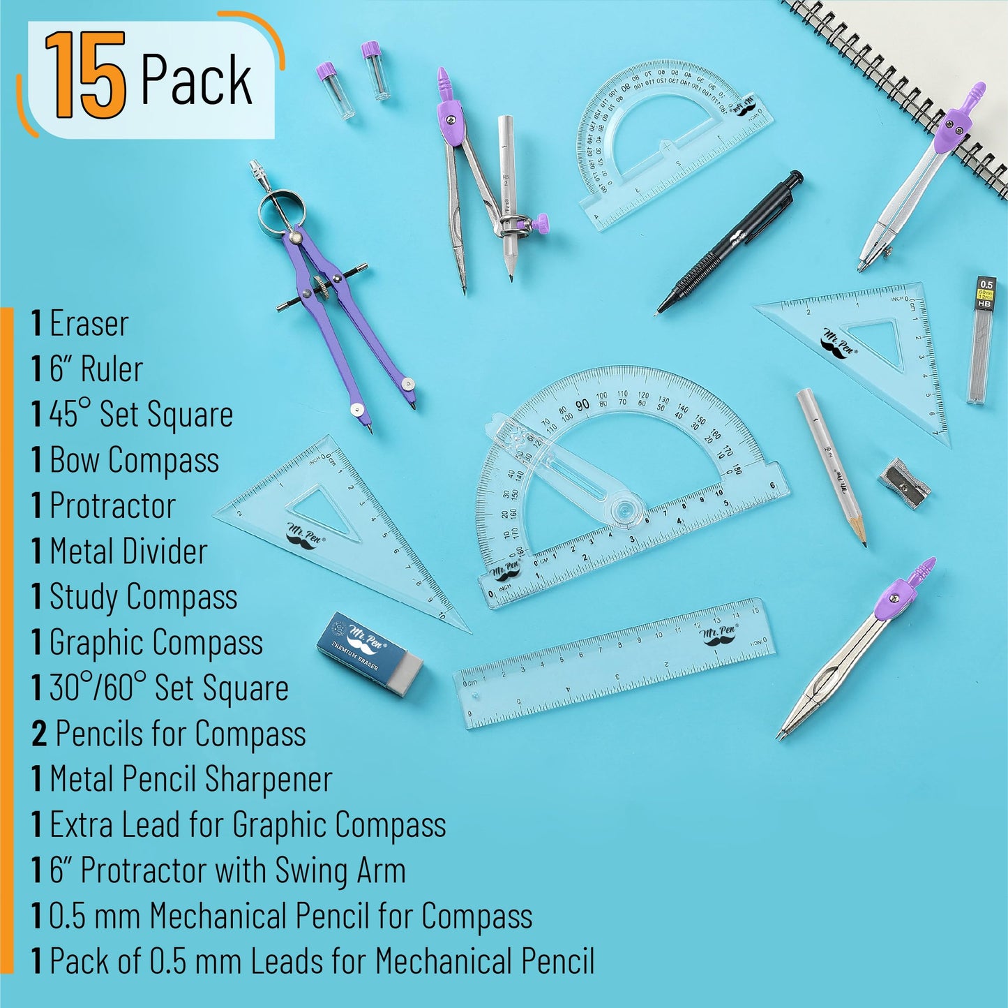 Mr. Pen- Geometry Set, 15 pcs, Purple, 6 Inch Swing Arm Protractor, Divider, Set Squares, Ruler, Compasses and Protractor