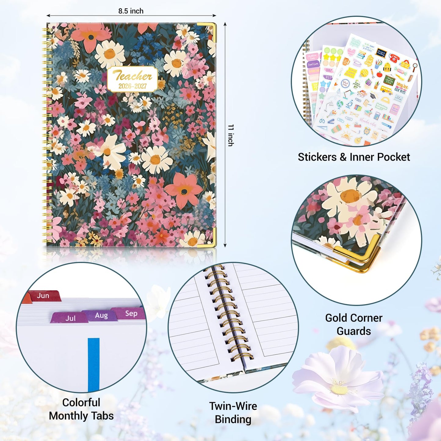 Teacher Planner 2026-2027 Academic Year, Jul.2026 - Jun.2027, 8.5" x 11" Lesson Planner Book for Teachers, Teacher Planners with Colorful Monthly Tabs, Hardcover- Flower Clusters