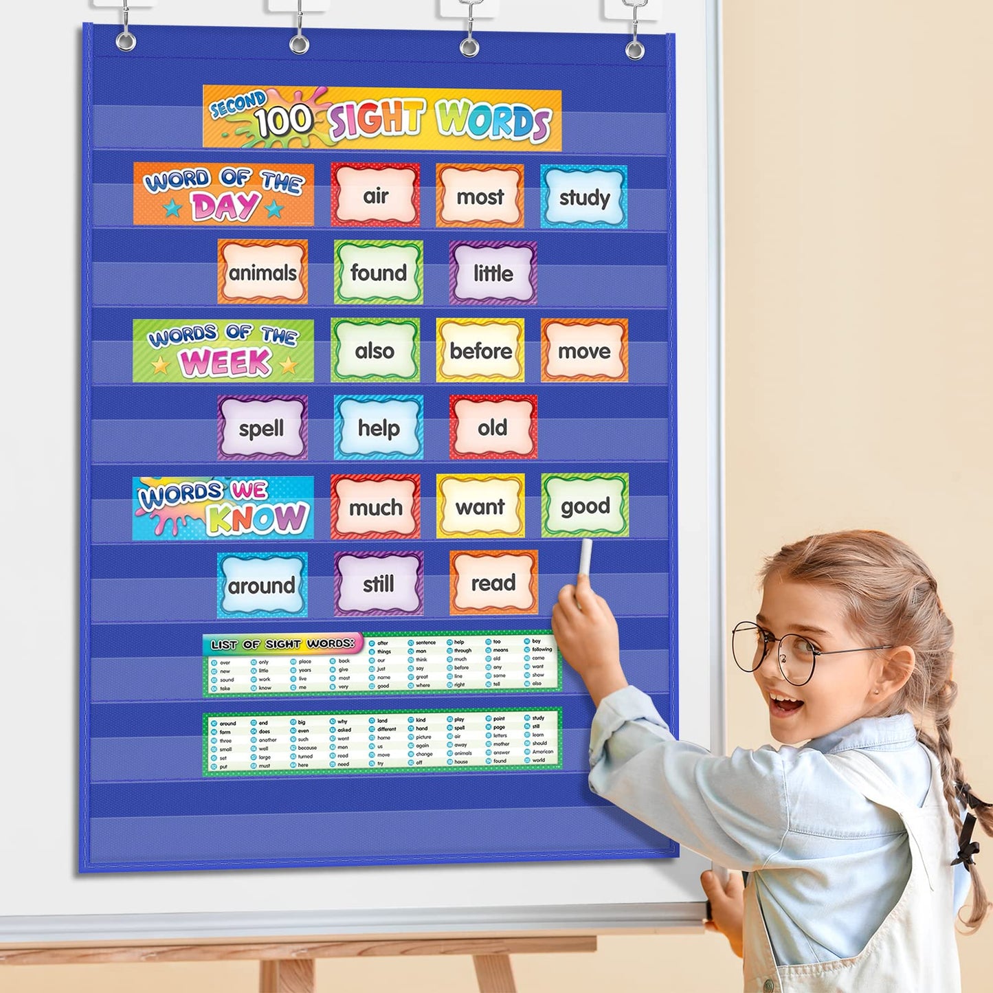 EAMAY Standard Pocket Charts, Clear 10 Pocket Chart for Teacher Lessons in a Classroom or Home Use Fits Standard 3" Sentence Strips and Word Cards, Blue, Nylon