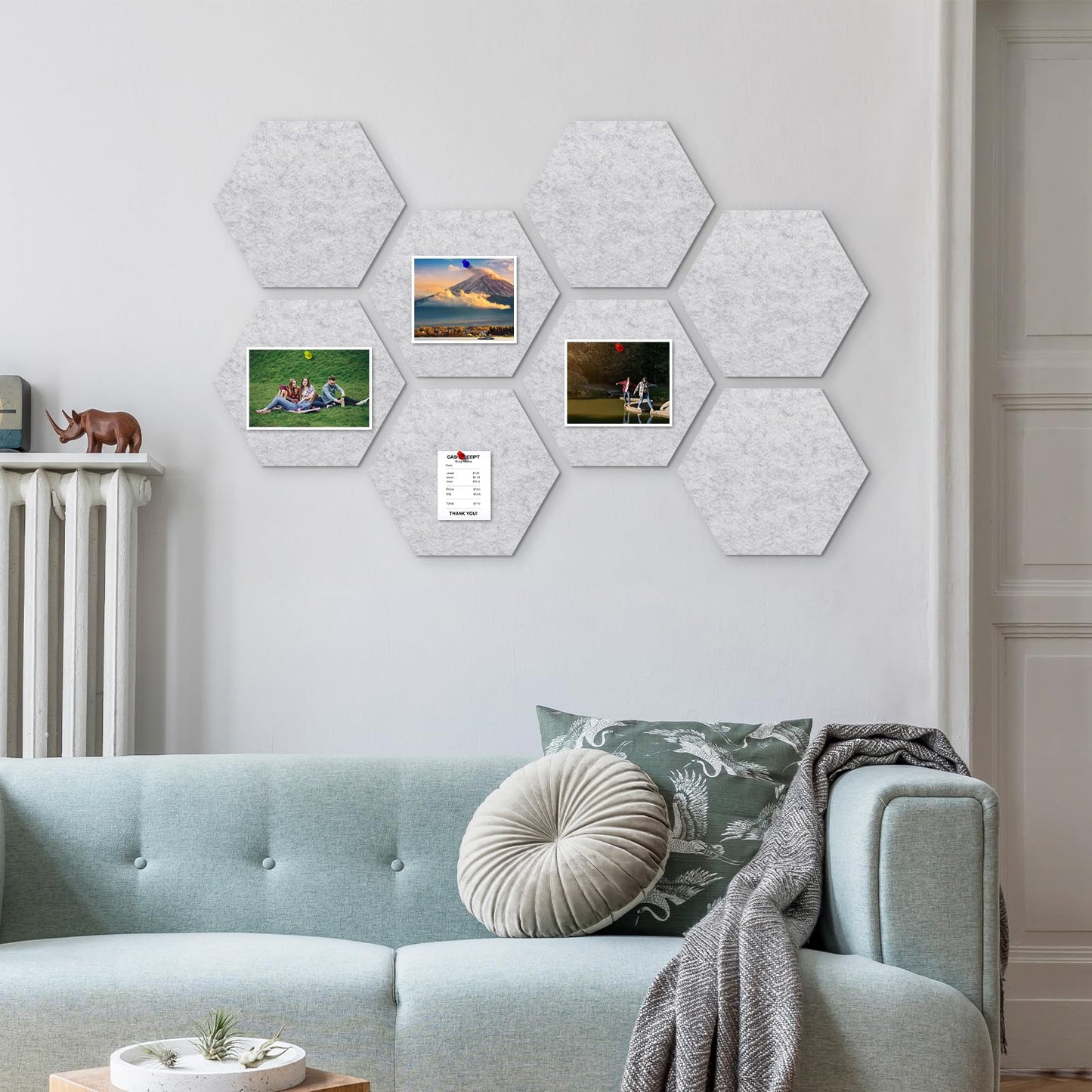 ANLIOTE 8-Pack Hexagon Felt Cork Board, 1/2" Thick Felt Bulletin Pinboard with 80 Push Pins, Adhesive Tabs, Geometric Cork Wall Tiles for Photos, Memos, Home & Office Decor (Light Grey)