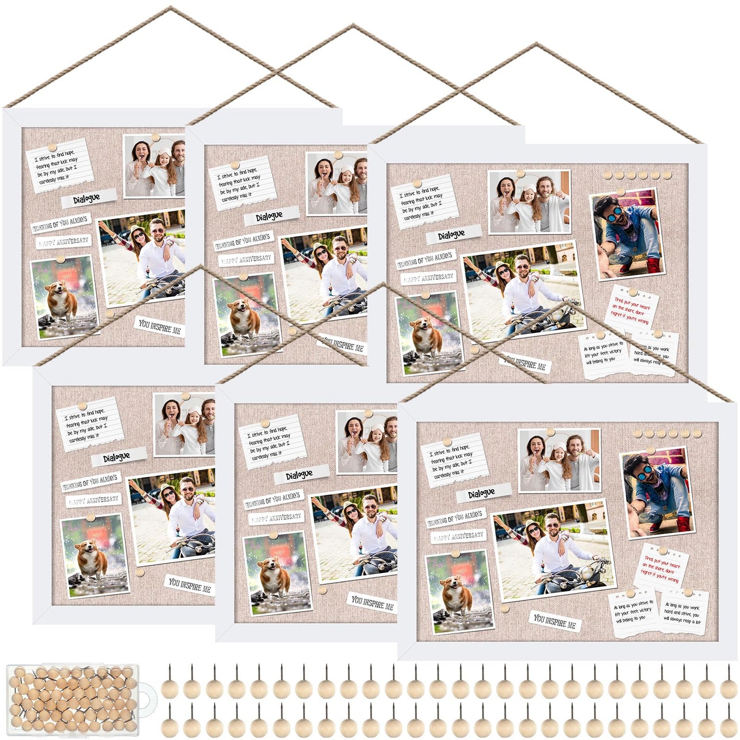 Teling 6 Pack Wood Bulletin Boards with Linen 12''x 16'' Cork Board for Walls with 60 Pushpin Decorative Wood Framed Display for Classroom School Office Bedroom (White)
