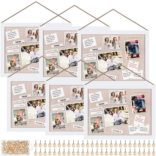 Teling 6 Pack Wood Bulletin Boards with Linen 12''x 16'' Cork Board for Walls with 60 Pushpin Decorative Wood Framed Display for Classroom School Office Bedroom (White)