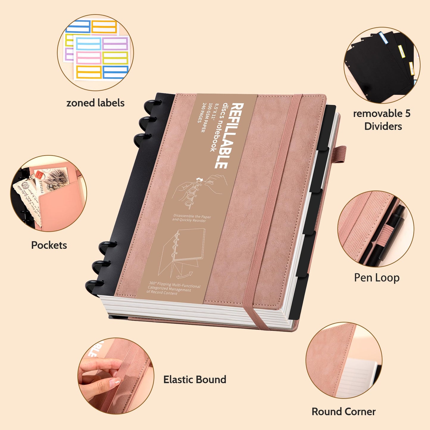 Yoment Refillable Notebooks for Work 5 Subject with Removable Dividers Tabs 240 Pages Hardcover Leather Journals for Writing Large Discbound Planner Colleged Ruled Paper for Women Men 8.58 x 11,Pink