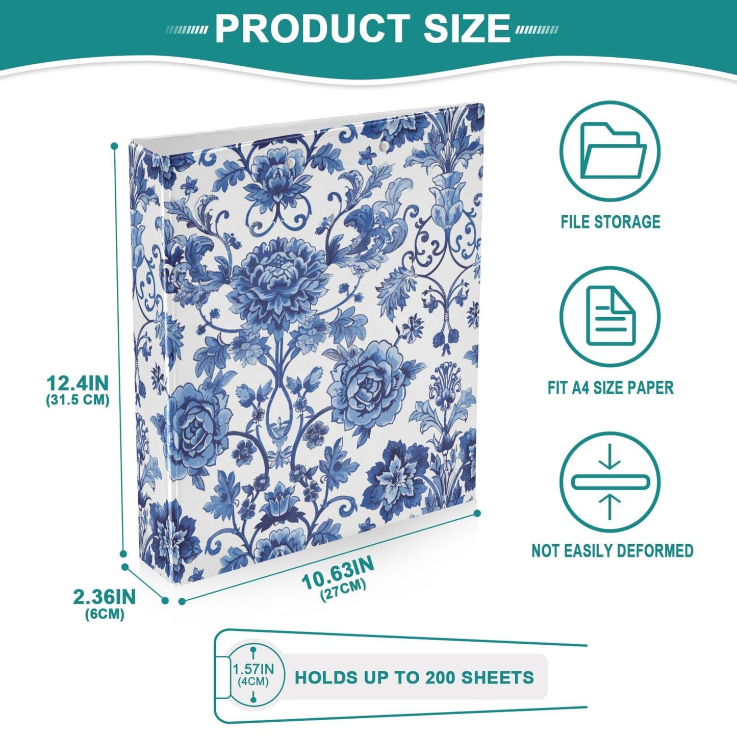 Porcelain Floral Round Ring Binders 1.5 Inch Peony 3 Ring Clipboard Binder for Office School Work Supplies File Folder Document 200 Sheet Capacity Easy Open