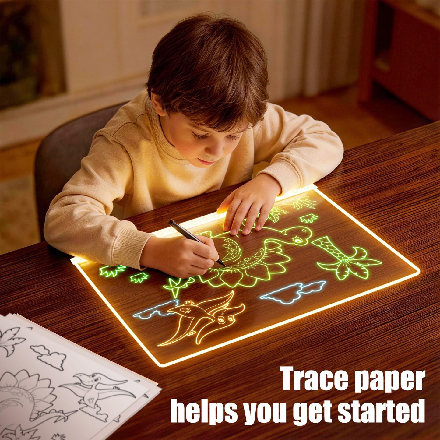 LED Note Board with 8 Colors 6 Modes -13.7"X10" Acrylic Dry Erase Board, Led Drawing Board Includes Adapter, 14 Markers, Tracing Paper, Sketching Gifts for Kids/Girls/Teens