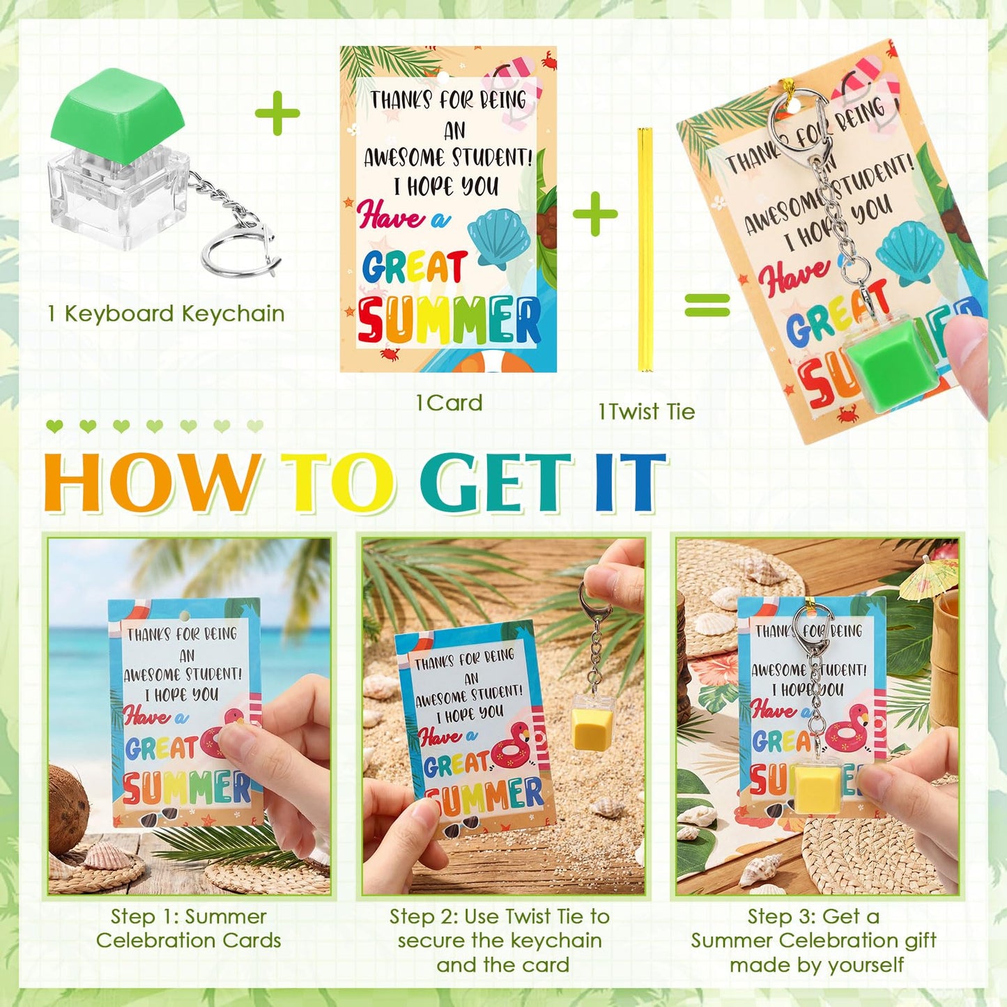 Seenelling 24 Set End of The School Year Gifts for Students Keyboard Fidget Clicker Keychain with Cards and Twist Ties Summer 2026 Graduation Party Favors for Last Day of School Gifts Prizes