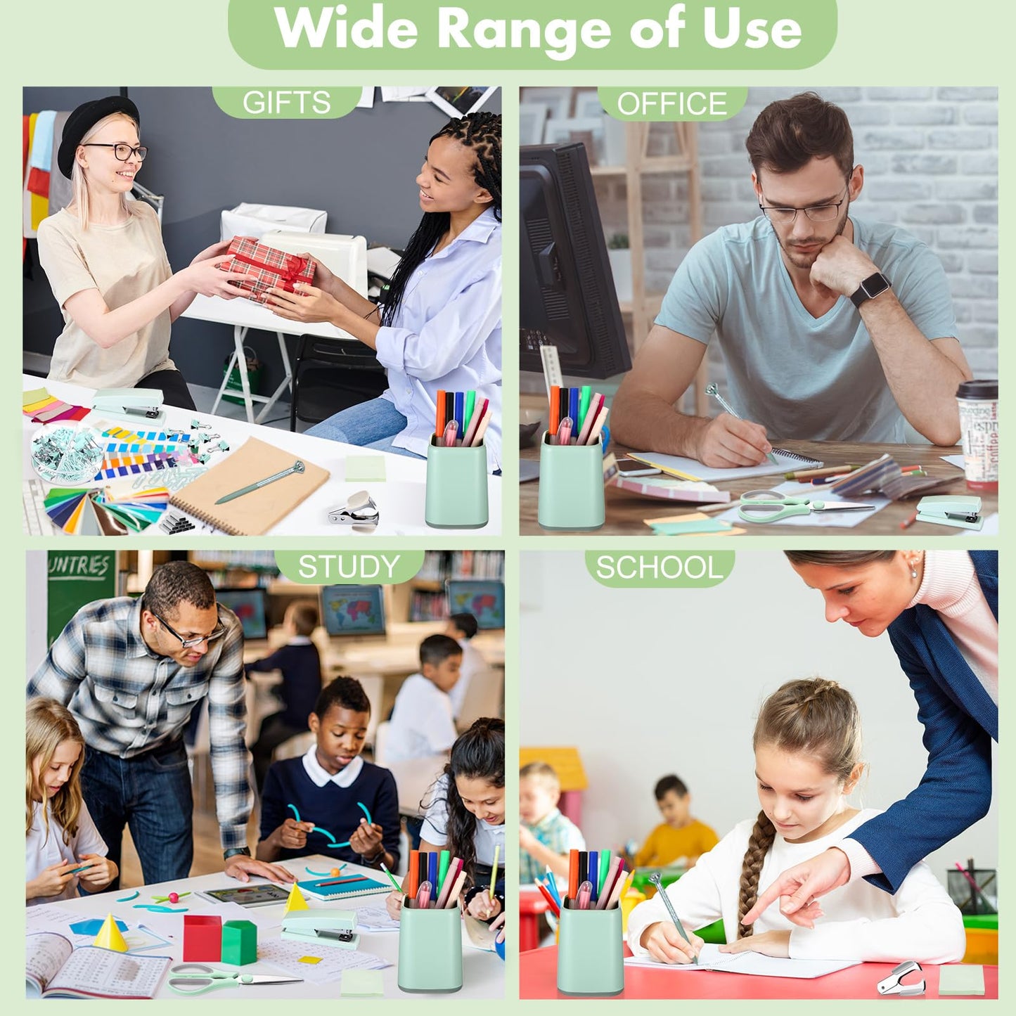 Marspark 12 Pcs Sage Green Office Supplies Desk Accessories Set Pen Holder Tape Dispenser Stapler Staple Remover Staples Tape Ruler Scissor Pen Sticky Note Index Tab Clips Set for Office School Home