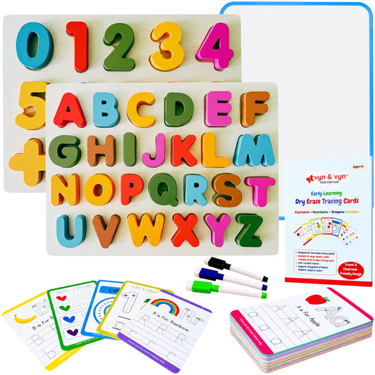 5-in-1 Wooden Puzzles for Toddlers 3-5 | Montessori Alphabet Number Shape Learning Toys | Magnetic Whiteboard, Flashcards & Markers | Preschool Educational Activity Kit | VYN & VYN (Multicolor)