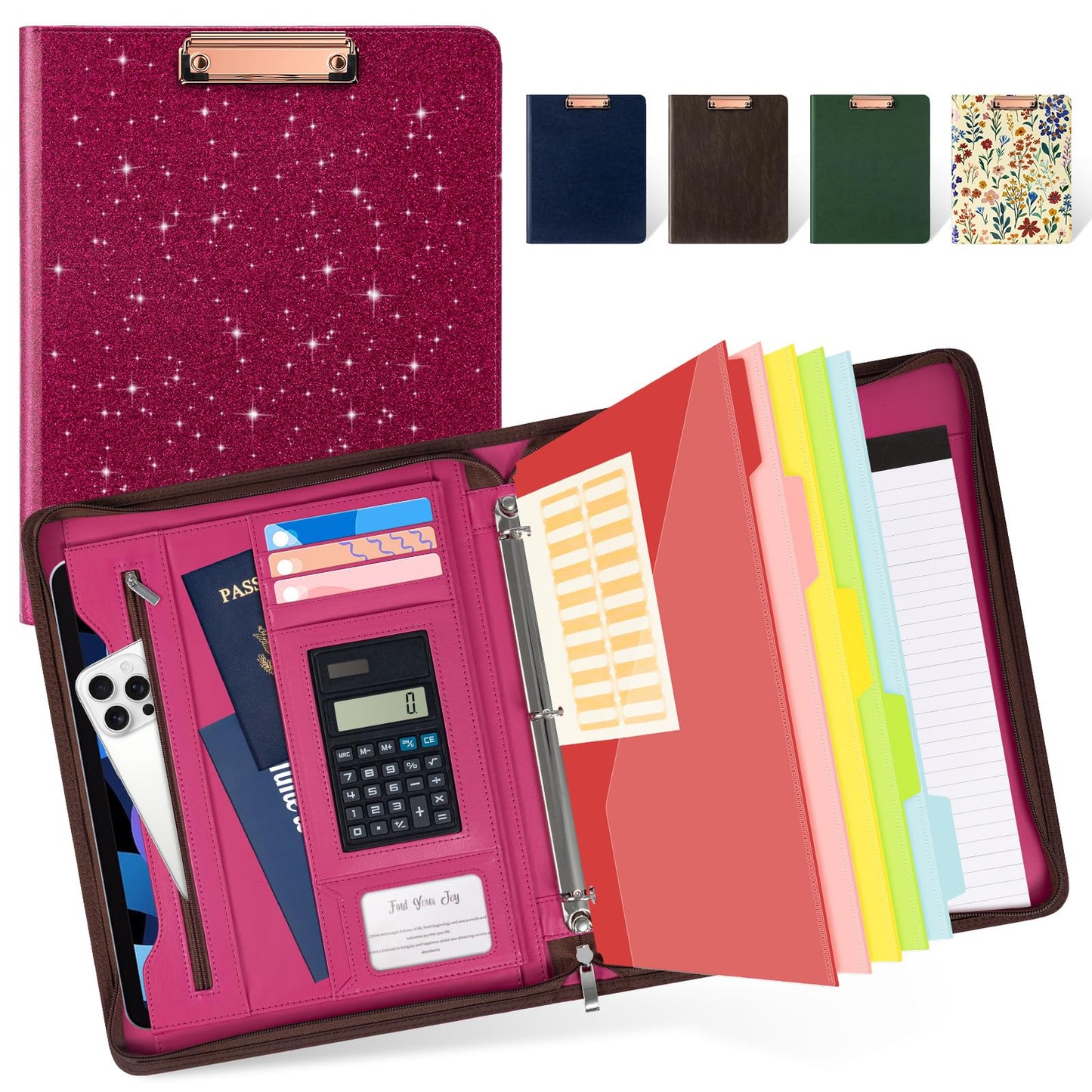 Ospelelf Zipper Clipboard with Storage, Leather Padfolio Portfolio Folder, 3 Ring Binder Dividers with Tabs, 12.1” Tablet Sleeve, Refillable Notepad, Card Slot (Rose Red)