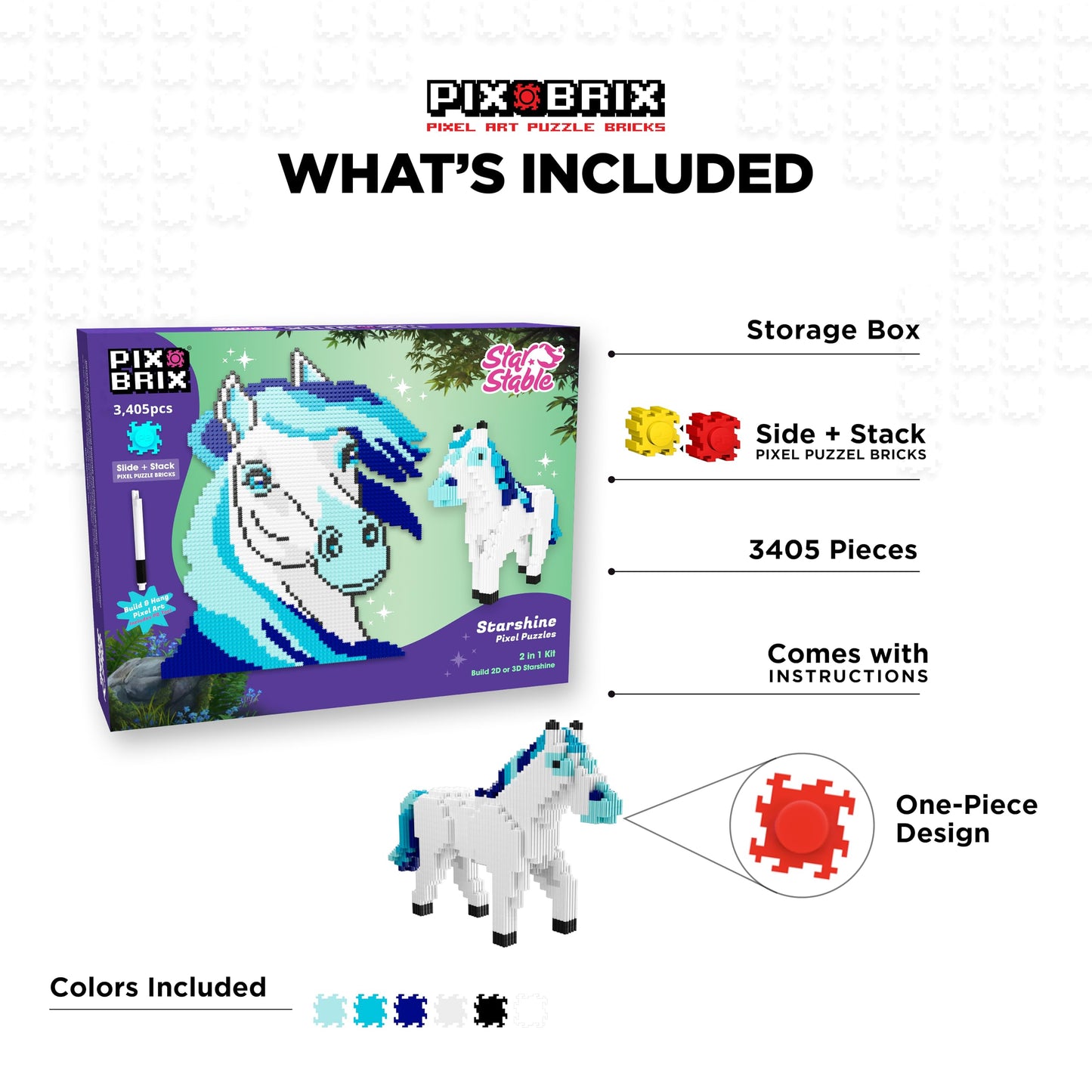 Pix Brix Pixel Art Puzzle Bricks - Star Stable’s Starshine, 3,405 Pieces - Interlocking Building Bricks, Pixelate Your Favorite Horse in 2D or 3D Version - Stem Toys, Ages 6 Plus