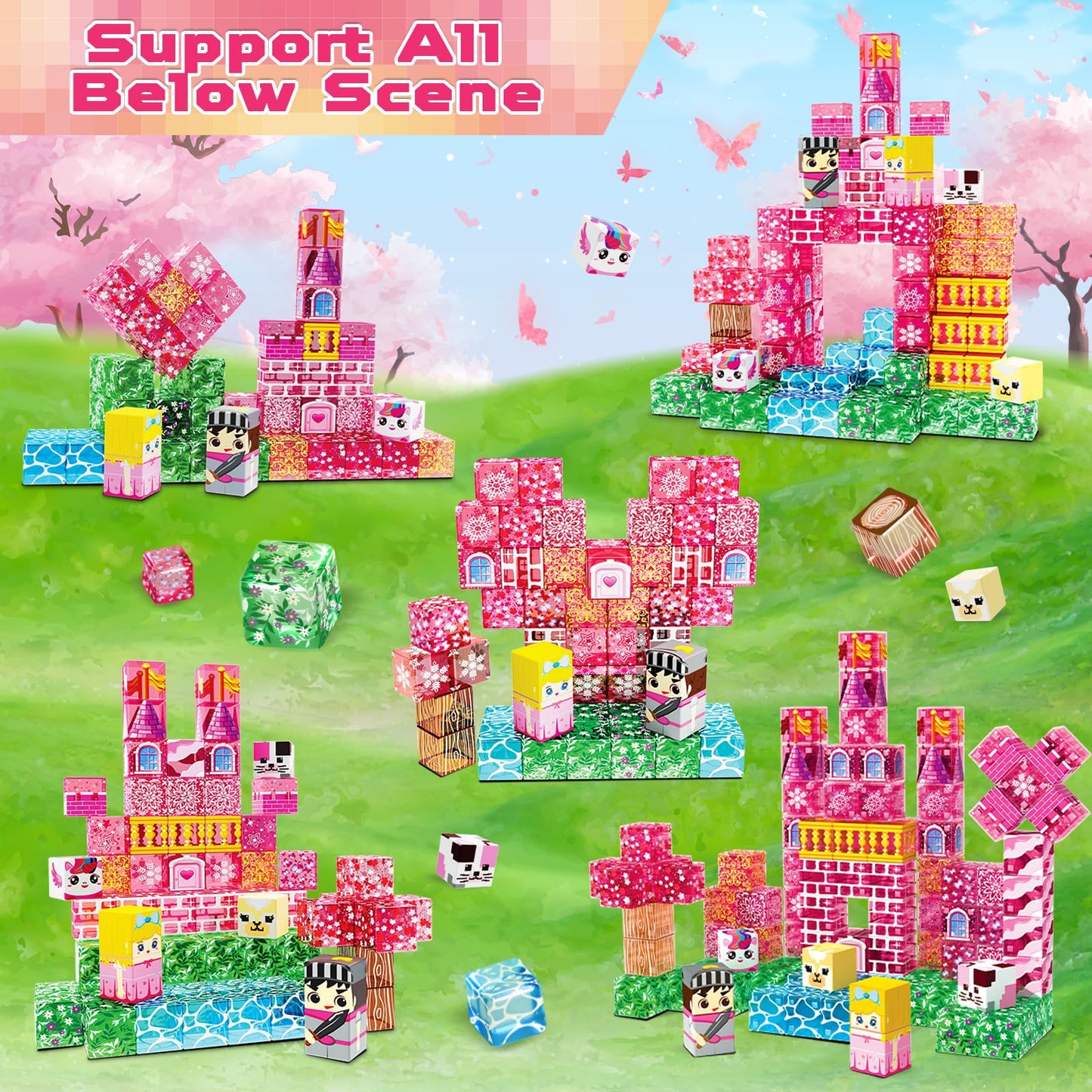 Magnetic Blocks - 100PCS Magnetic Building Block Cubes, Magnet Blocks Transparent Castle Princess Toy Building Sets for Kids, STEM Stacking Magnets Toys, Easter Birthday Gift for Boys Girls Age 4-8